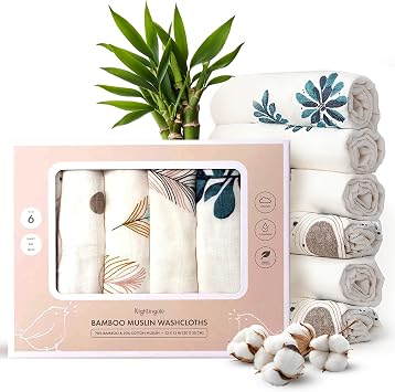 Nightingale Baby Washcloths, Rayon from Bamboo Baby Clothes Organic Wash Cloths with Cotton, Newborn Bath Essentials, Burping Cloths for Babies, Face Towels Reusable 12"x12" Feather 6 Pack