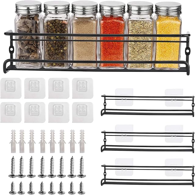 VIVILINEN Spice Racks Organiser 4 Pack, Stainless Steel Spice Racks Wall Mounted with Self-Adhesive Hooks & Screws, Black Kitchen Storage Shelf for Spices and Condiments