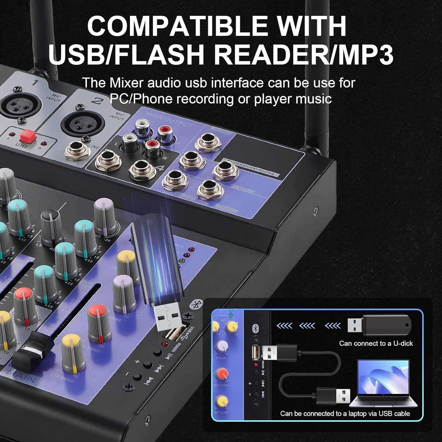 Professional Audio Mixer with Dual Wireless Mic, 4 Channel Mixer Board Sound Board DJ Mixer Console System MP3 Bluetooth 48V Phantom Power USB Interface for Home Karaoke Party