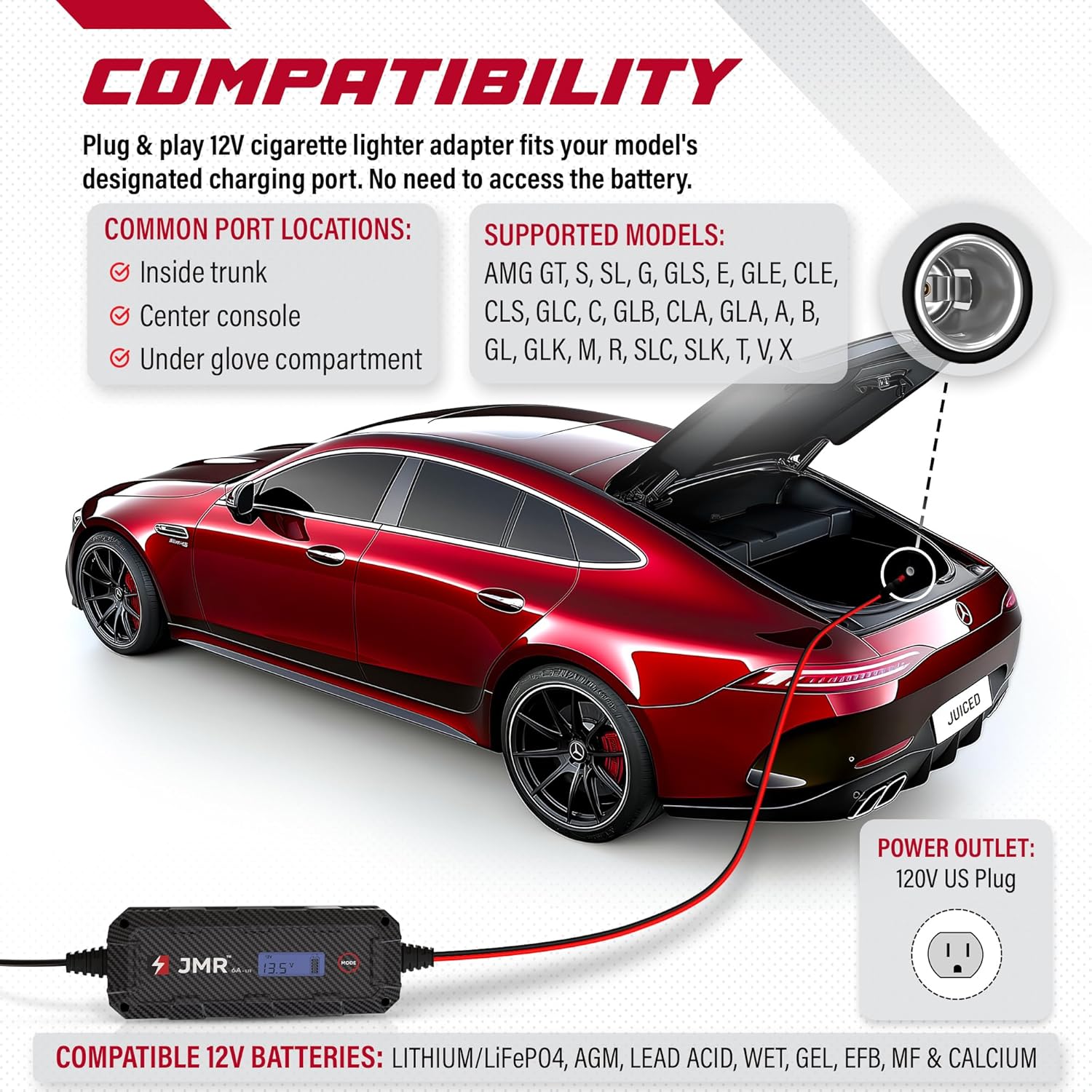 JMR Battery Charger for Mercedes-Benz AMG GT S Class G E C GLE CLS All Models Trickle Charger Conditioner Maintainer (12V Cig Port, Add Lithium Mode)