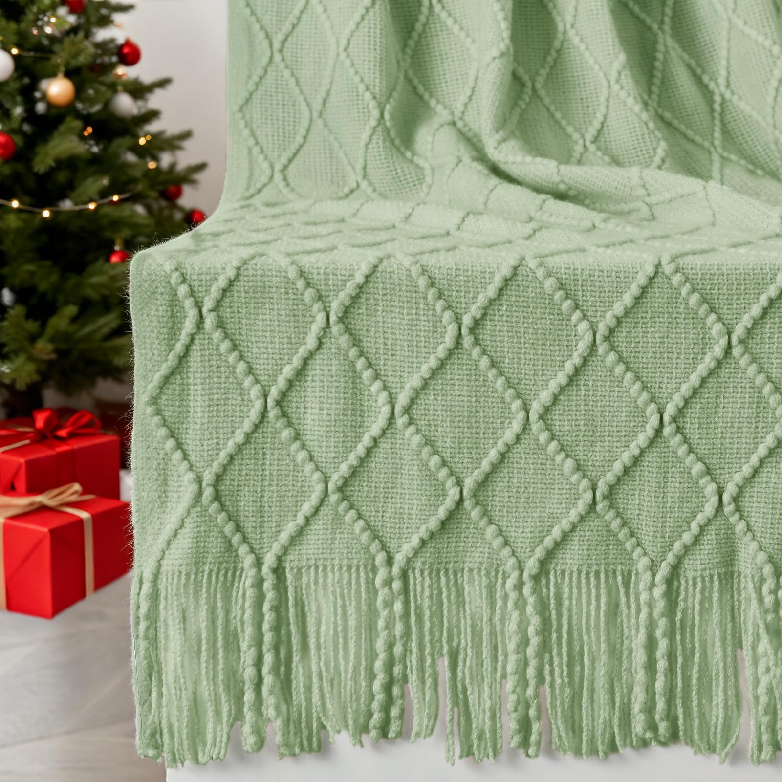 inhand Knitted Throw Blankets for Couch and Bed, Soft Cozy Knit Blanket with Tassel, Basil Green Lightweight Decorative Blankets and Throws, Farmhouse Warm Woven Blanket for Men and Women, 50"x60"