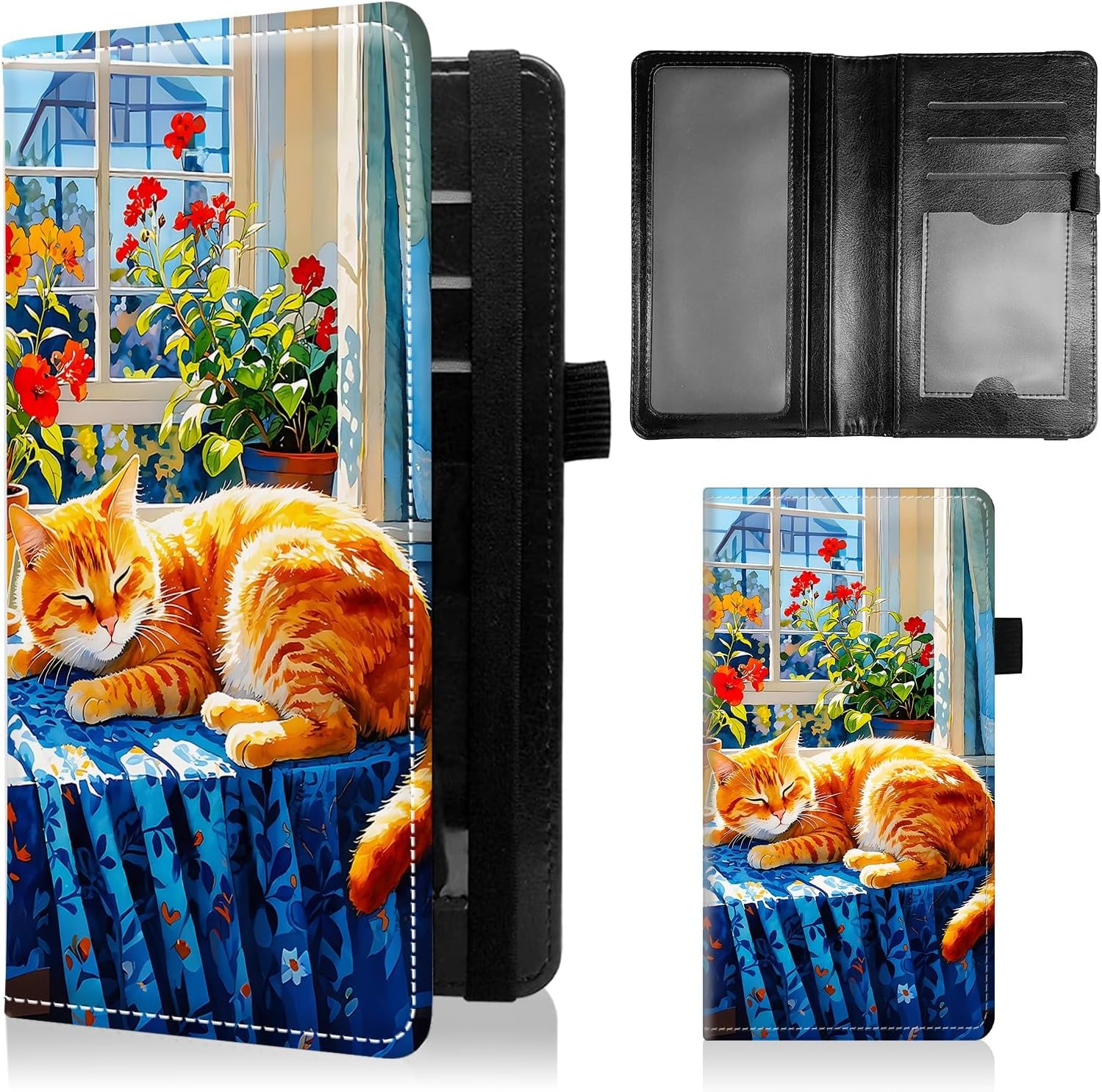 Checkbook Cover for Men & Women Personal Checkbook RFID Blocking Cute Leather Check Book Holder Wallet with Card Slots & Elastic Strap Pen Holder - Orange Cat Napping