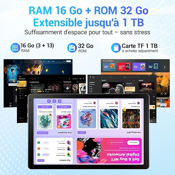 Yicty Tablette 10 Pouces Android 15 2026, 16 Go RAM, Processeur 5 cœurs, Écran HD IPS 1280x800, Double caméra, WiFi 6 5G, Bluetooth 5.4, Batterie 5000mAh, Certifiée GMS (Noir) - 5