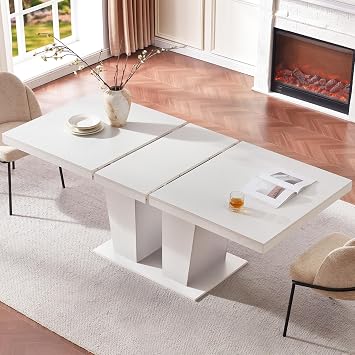 6379 Inch Extendable Dining Table for 48,Rectangular Wood Dining Room Table with Fluted Double Pedestal Base for Kitchen and Dining Room White, Double Column
