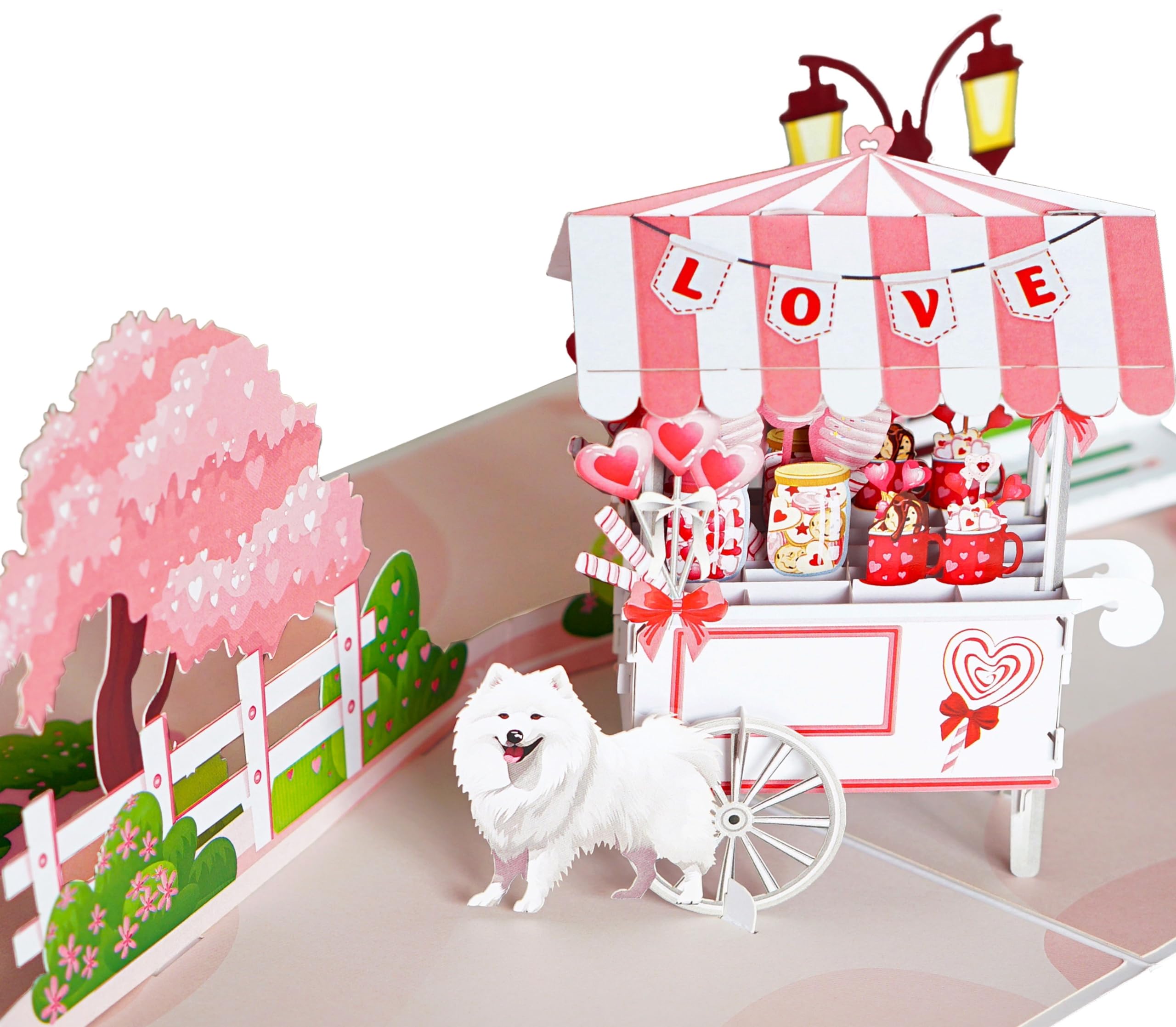 Dog Candy Cart Pop Up Anniversary Cards, 6x8in Wedding Anniversary Card, Valentines Day Cards, 3D Gift Card for Her, Him, Husband, Wife (Cherry Blossom Lovely Dog Candy Cart).