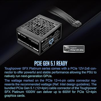 Thermaltake Toughpower SFX Form Factor 1000W 80+ Platinum Power Supply (PCI-E 5.1/ATX 3.1 Standard); 600W 12V-2x6 Connector Included; Full Modular; 90mm FDB Fan; ; PS-STP-1000FNFAPU-1