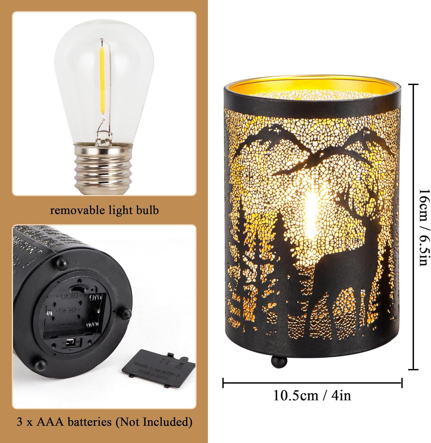 TRIROCKS Etched Deer lamp Battery Operated 6.5" H Bronze Metal Table Lamp with 6H Timer Decorations for Living Room Tabletop Parties Patio Entryway Indoors Outdoors(2PCS)