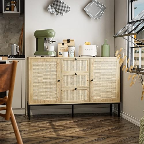 Miniatura 7 de Aparador de ratán con almacenamiento, armario con puertas y estantes, armario decorativo con cajones para sala de estar, cocina, comedor, entrada
