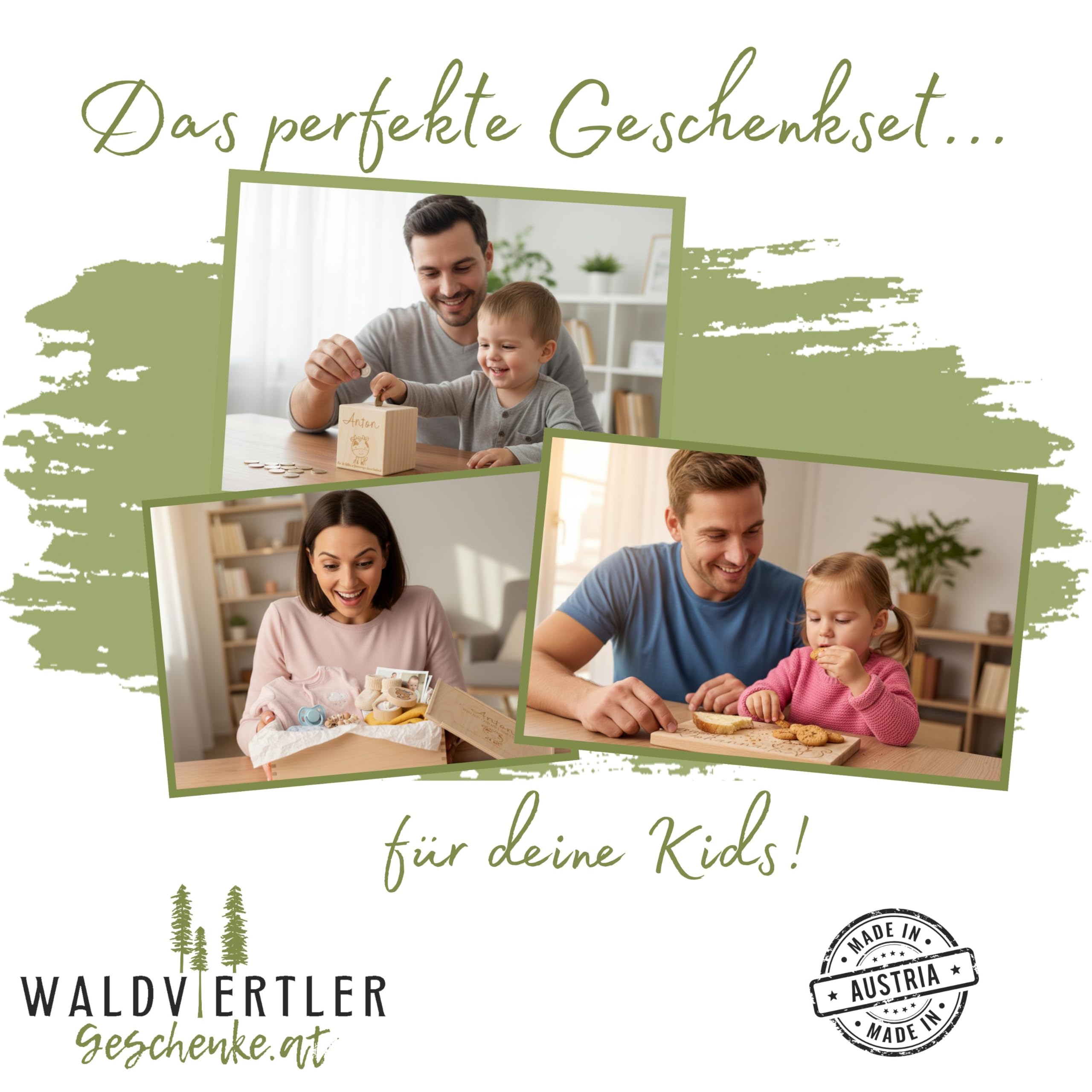 Sparset zur Geburt – Erinnerungsbox mit Schiebedeckel + personalisierte Spardose + Krümelbrett mit Name – handgefertigt & individuell graviert