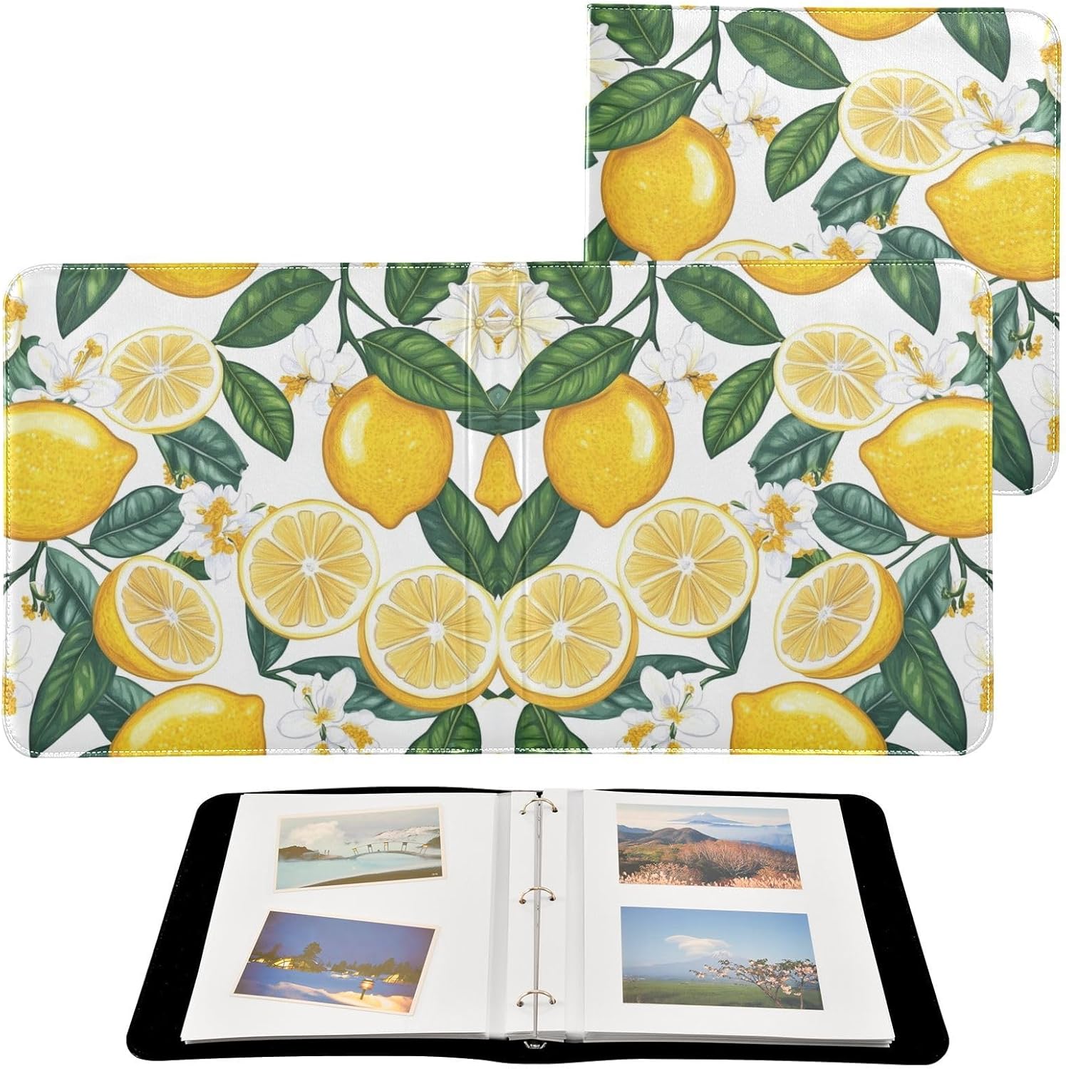 JIPONI Lemon & Flowers Large Photo Album, DIY Leather Cover Scrapbook Albums for 4x6 5x7 6x8 Pictures, Self Adhesive Memory Book for Wedding, Baby, Family