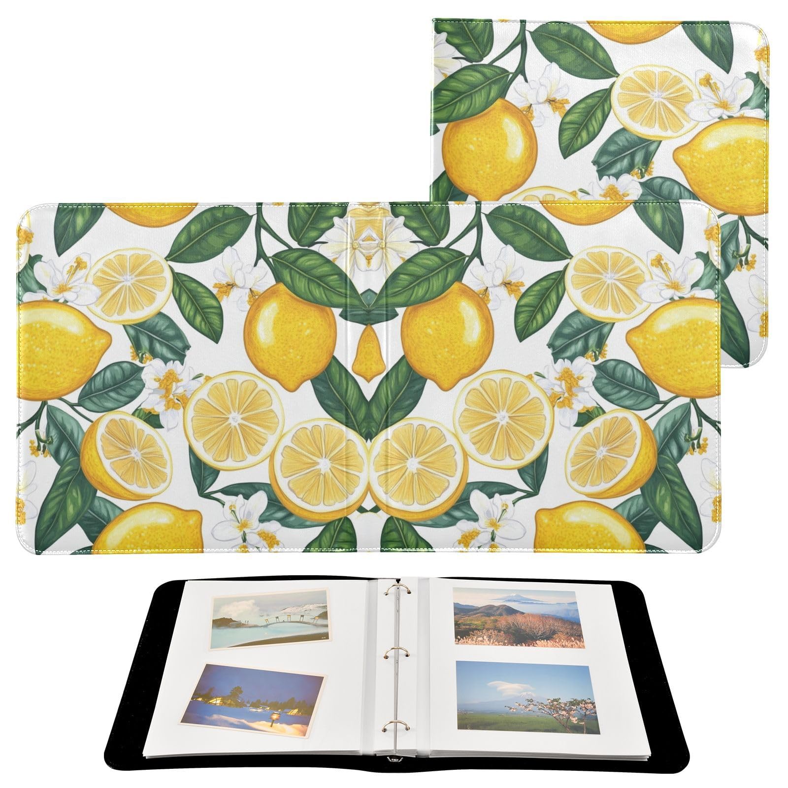 JIPONI Lemon & Flowers Large Photo Album, DIY Leather Cover Scrapbook Albums for 4x6 5x7 6x8 Pictures, Self Adhesive Memory Book for Wedding, Baby, Family