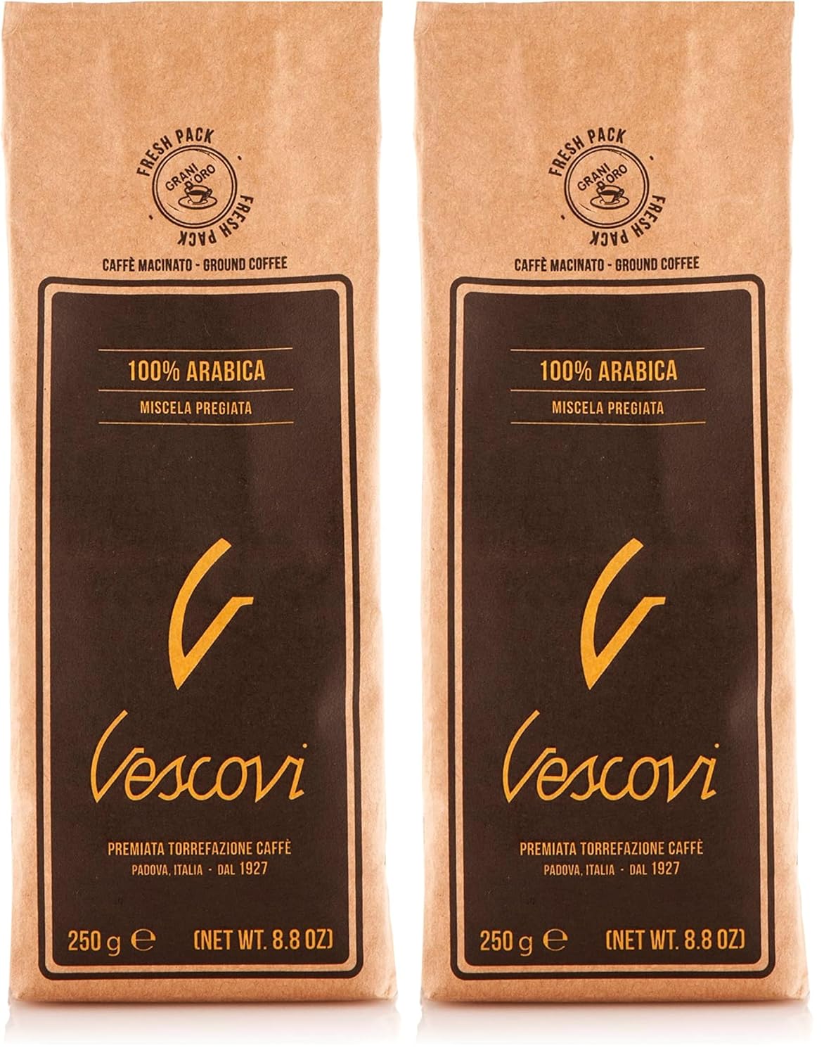 V Vescovi 100% Arabica Ground Espresso – Medium Roast Italian Coffee – For Moka, French Press & Pour Over – 8.8 oz (250g) (Pack of 2)