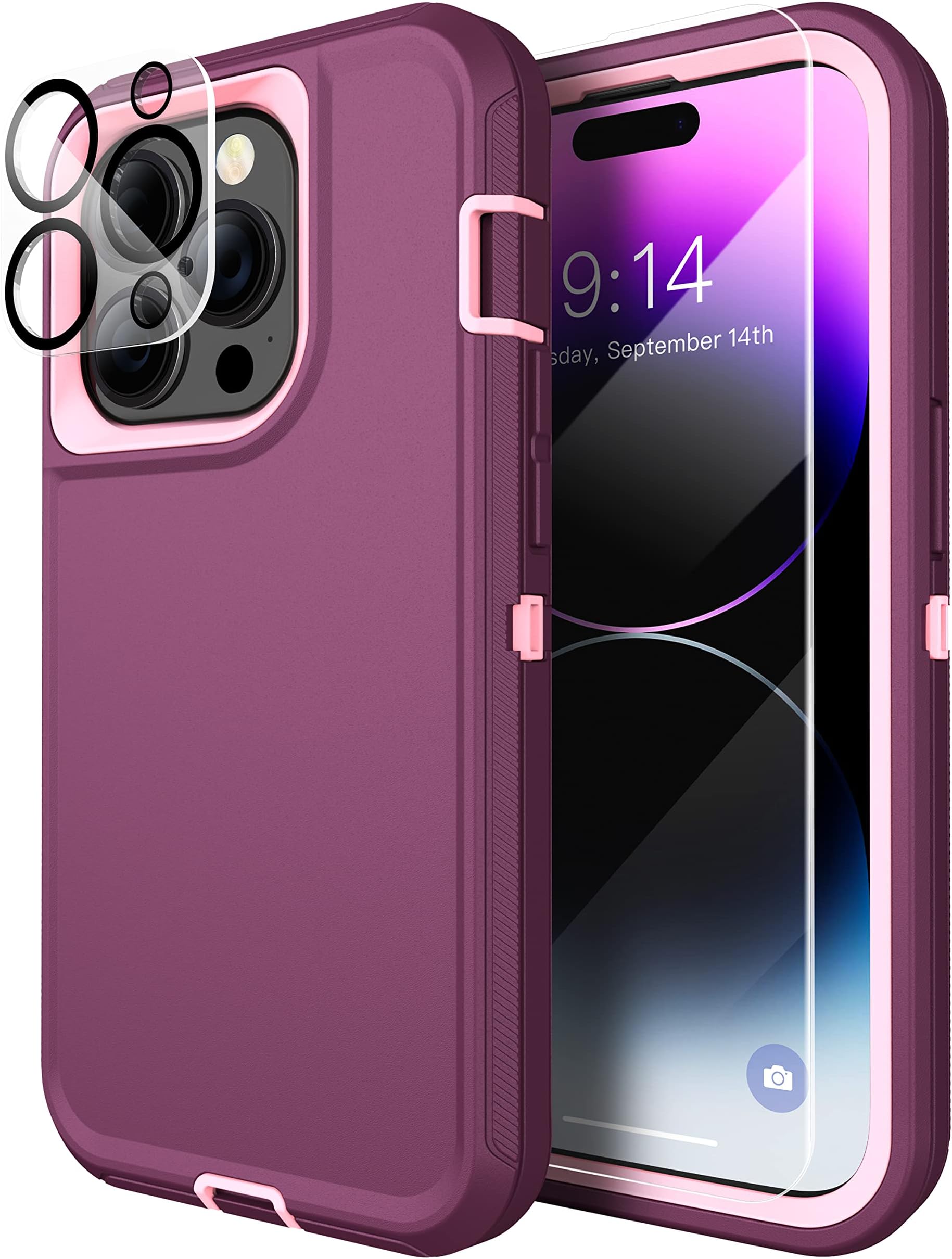 MXX Heavy Duty Made for iPhone 14 Pro Case with Tempered Glass Screen, Camera Lens Protector 3-Layer Full Body Protection Shockproof Dustproof Cover for 14 pro Phone Case 6.1" (Plum/Light Pink)
