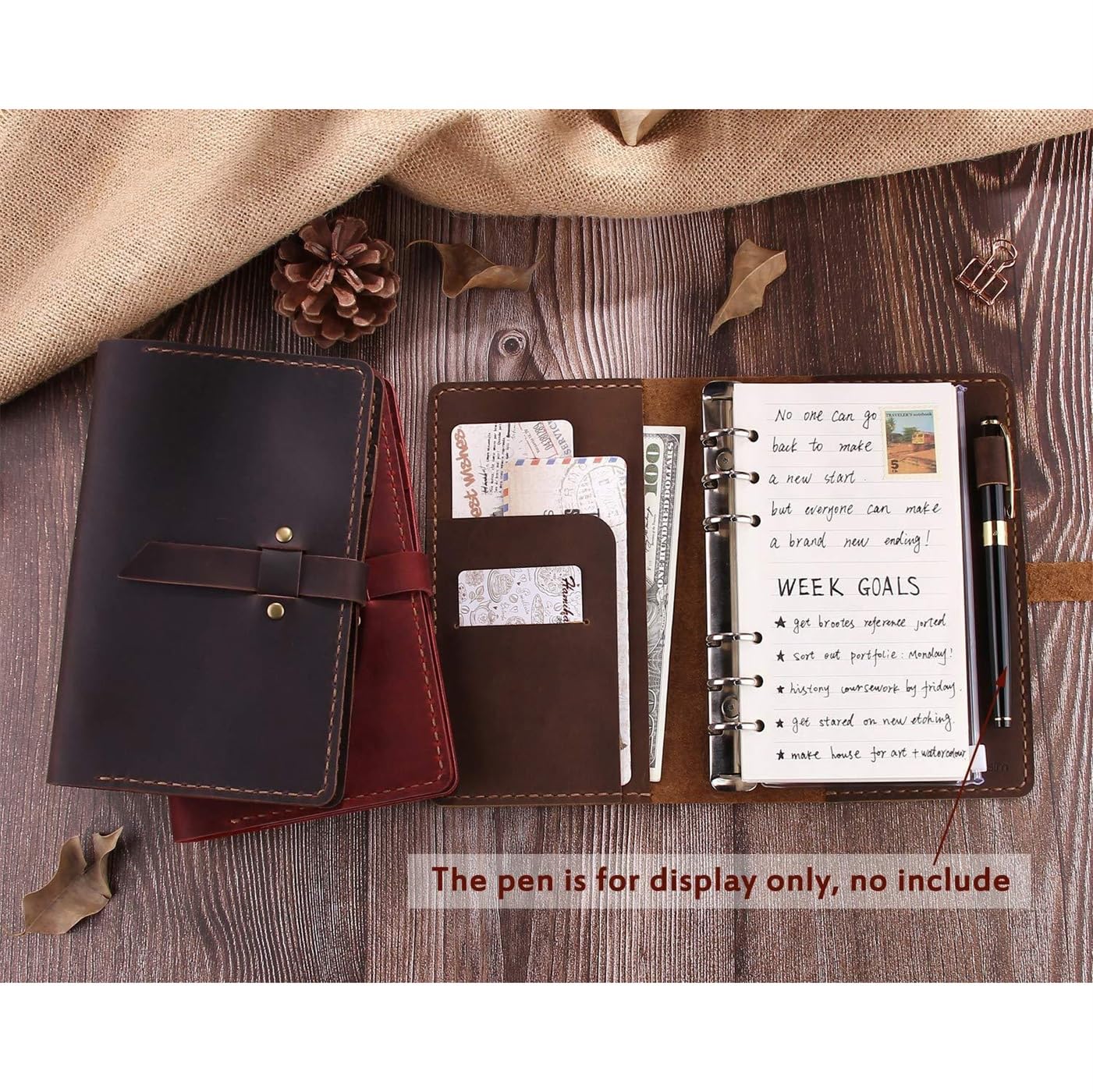 A6 Leder-Notizbuch mit 6 Ringen nachfüllbar – Planer mit Kartenfächern, Stiftschlaufe & Taschen – Vintage handgemachtes Reisetagebuch & Organizer for Männer & Frauen(Coffee)