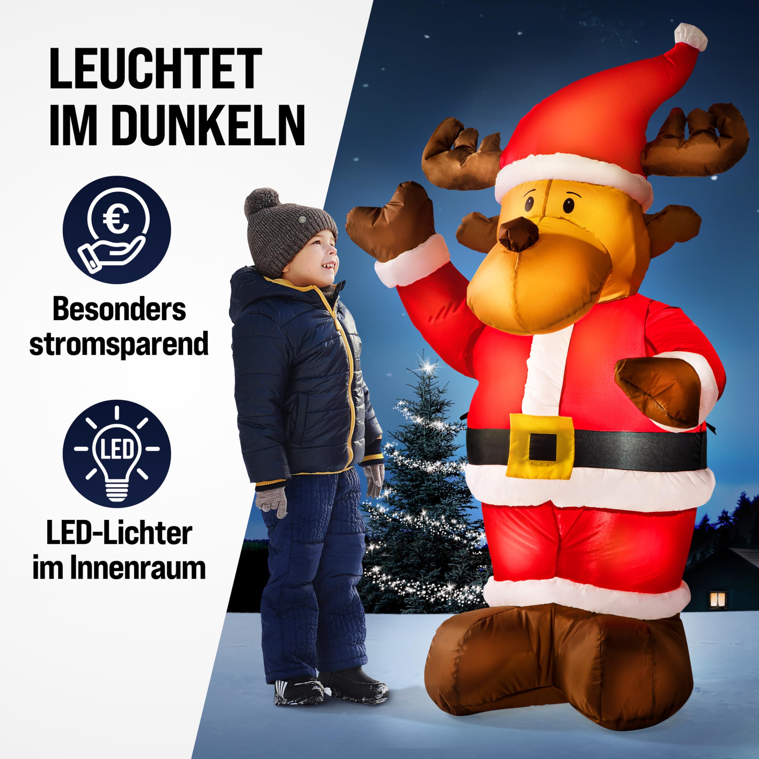 MONZANA® Aufblasbares Rentier 135cm LED Beleuchtet Befestigungsmaterial IP44 Außen Witterungsbeständig Weihnachtsdeko Weihnachtsfigur Christmas | 135 cm, LED, Beleuchtet, Befestigungsmaterial, IP44, Außen, Witterungsbeständig, Weihnachtsdeko, Weihnachtsfi