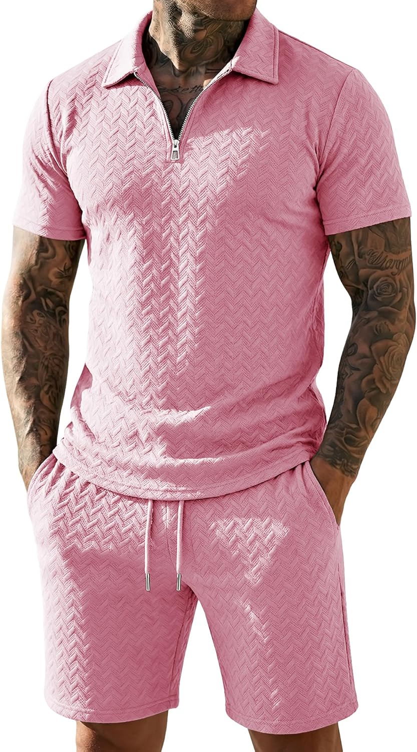 URRU Mens Textured Polo Shirt and Shorts Sets Outfits 2 Piece Summer Tracksuits Casual Quarter Zip Golf Polo Shirts