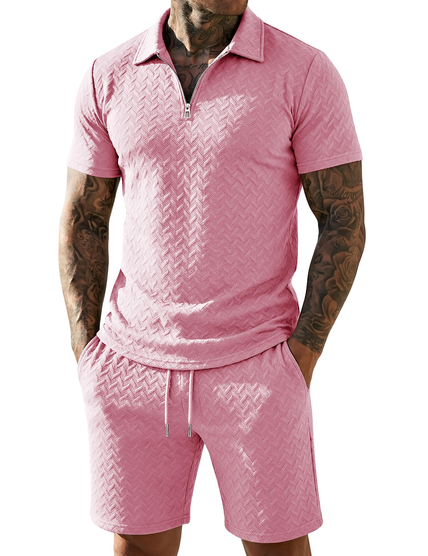 URRU Mens Textured Polo Shirt and Shorts Sets Outfits 2 Piece Summer Tracksuits Casual Quarter Zip Golf Polo Shirts