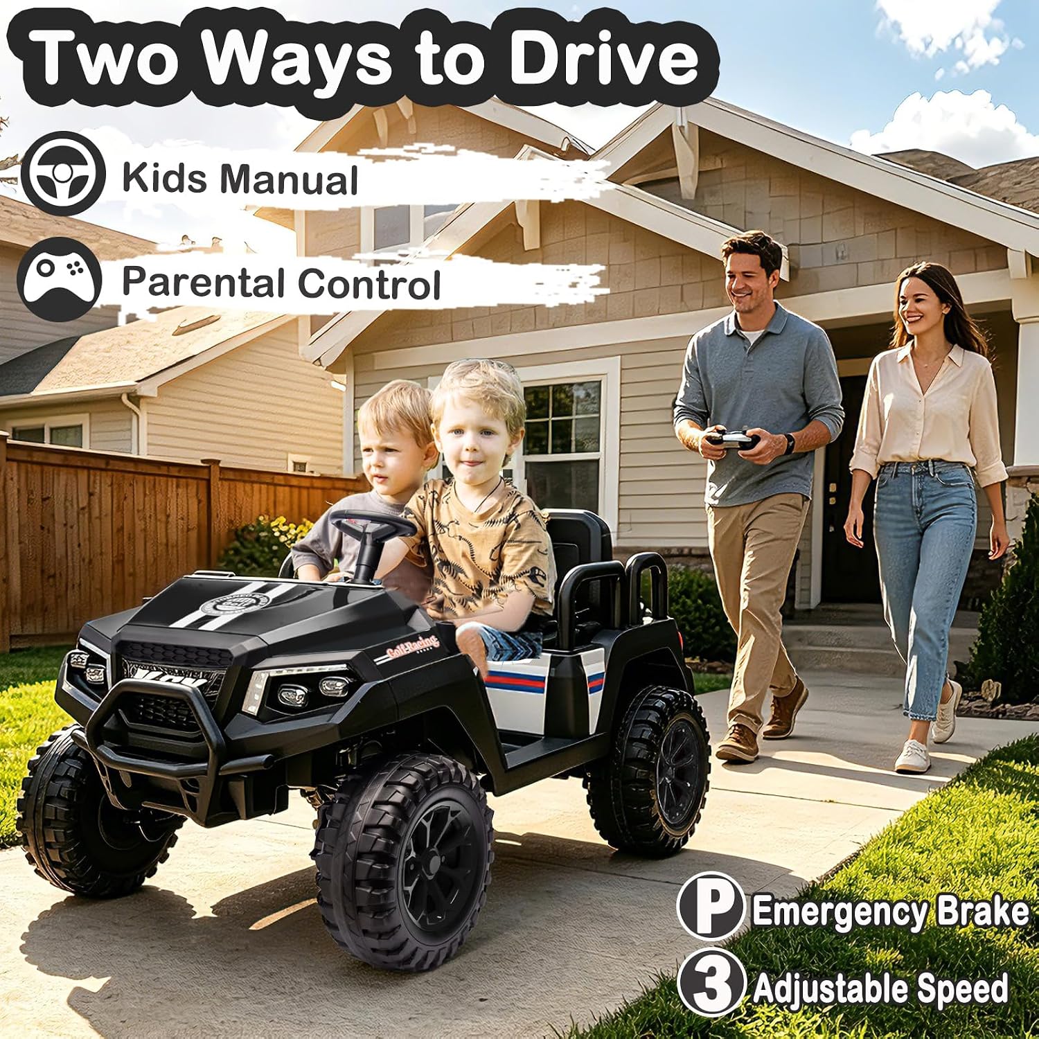 Two children driving the NEWQIDA Electric Golf Cart while parents supervise with a remote control.