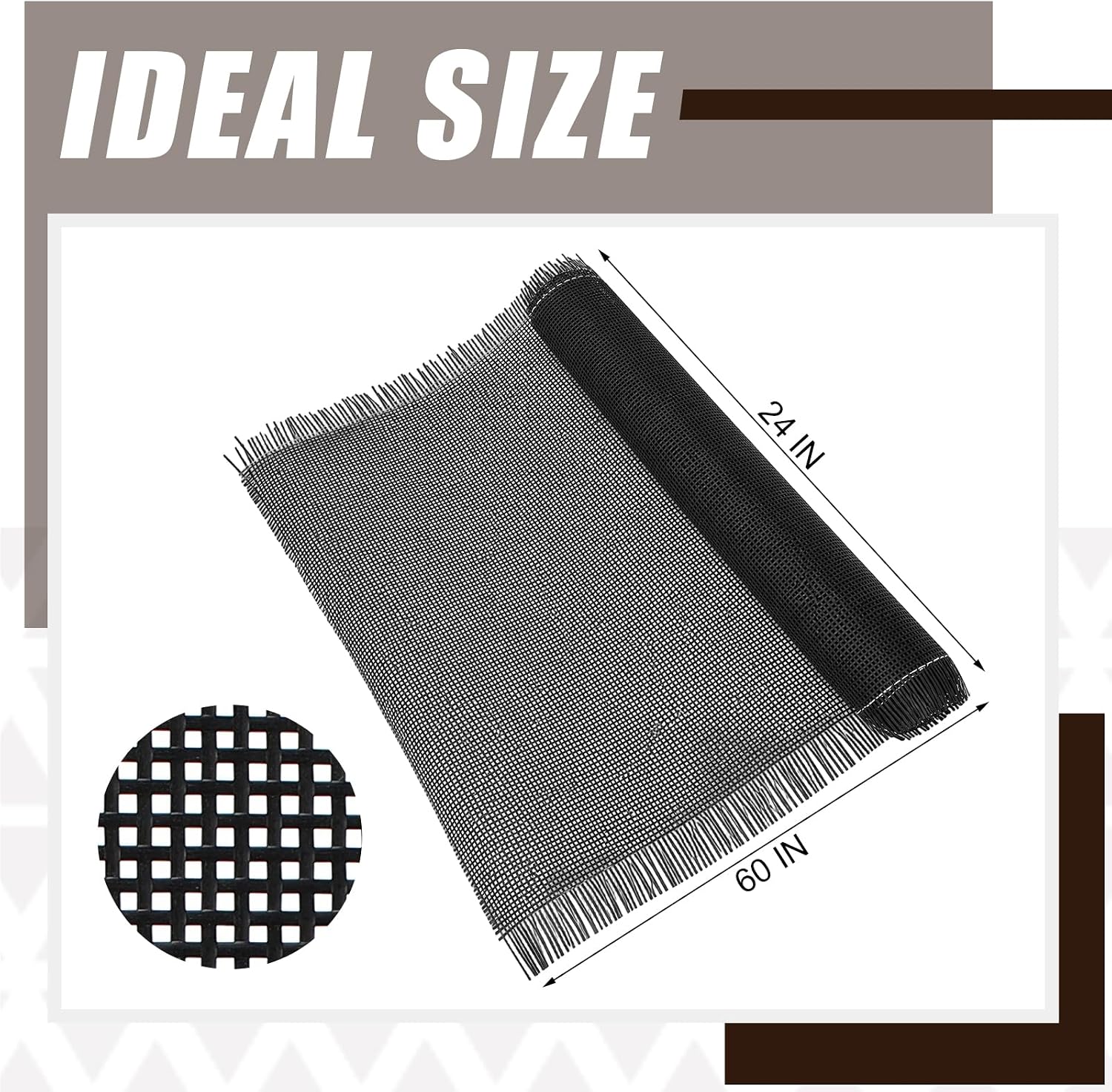 Pushglossy Plastic Rattan Square Cane Webbing Roll 24" x 60", Handwoven PE Synthetic Rattan, Faux Cane Open Weave Mesh for DIY Furniture Decoration - Beds, Chairs, Cabinets, Ceilings, Black
