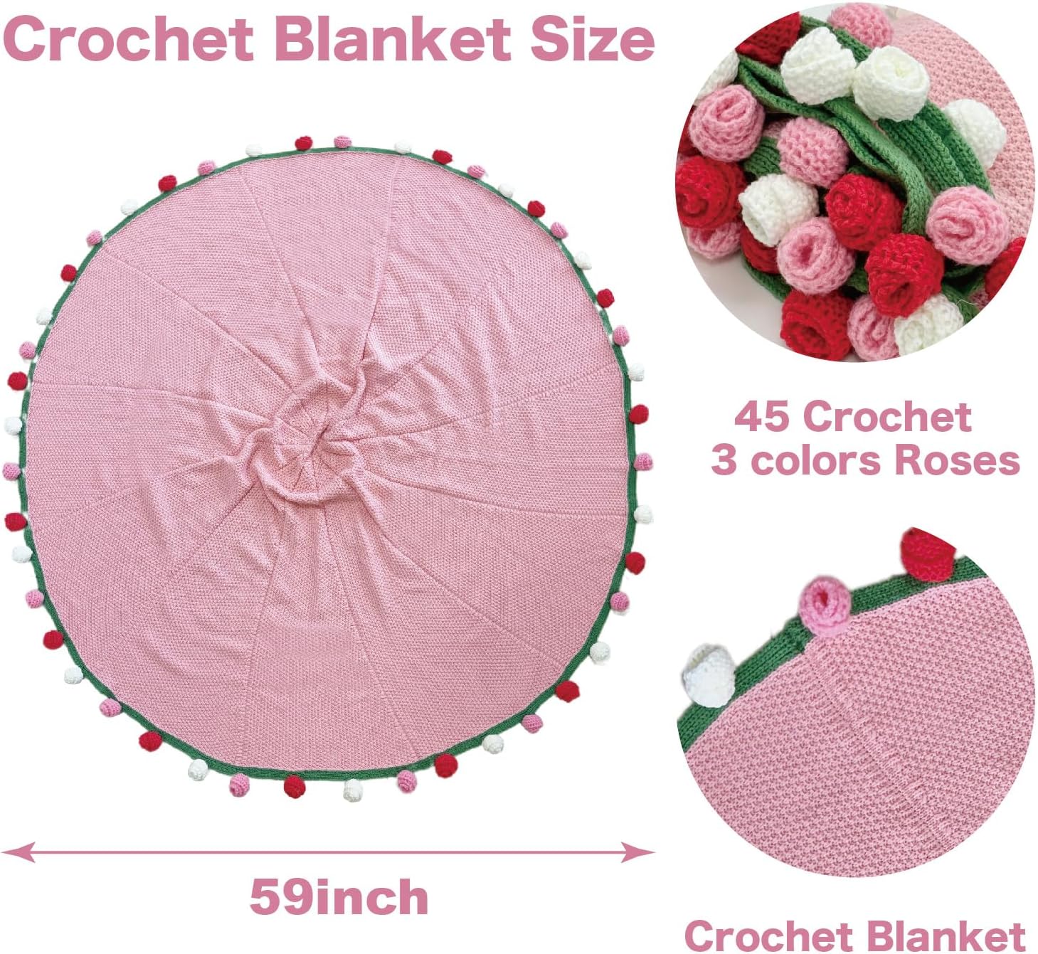 Rose Flowers Bouquet Blanket, Handmade Floral Throw Blankets, Romantic Gifts for Mom, Sister, Friend for Birthday, Valentine, Home Decor, Bed, Sofa (Multicolored Red, 59 inches)