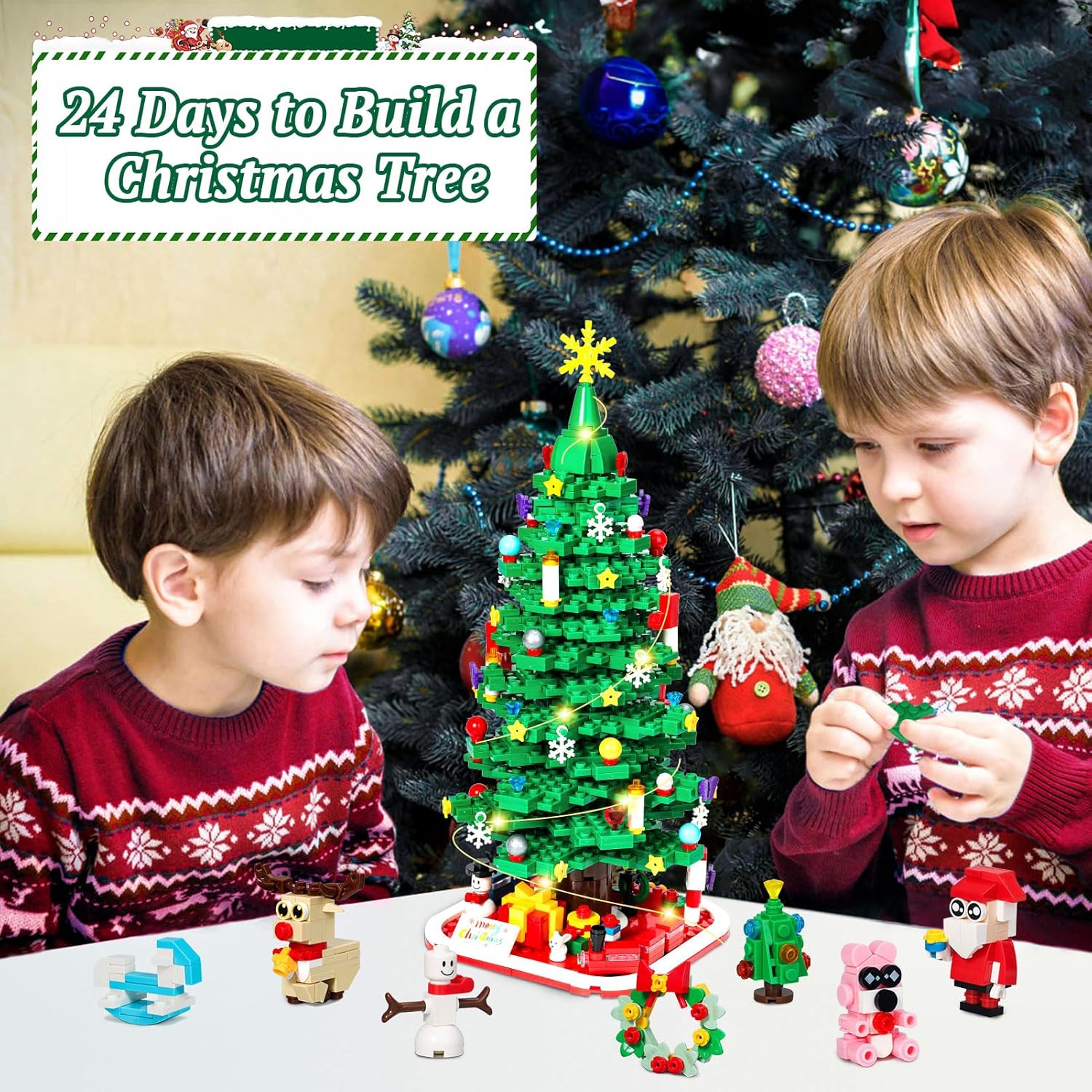 Advent Calendar 2024 Christmas Tree Building Set with LED Lights, 24 Days Christmas Countdown Calendar Toy Building Blocks Kit for Adult Teens Boys Kids 6+ (1025 Pieces)