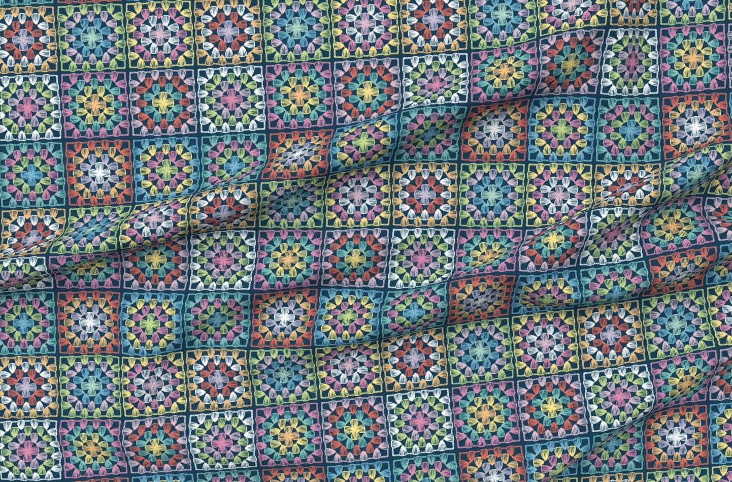 Spoonflower Fabric - Granny Square Crochet Look Vintage Knitting Look Printed on Organic Cotton Sateen Fabric by The Yard - Sewing Quilting Apparel Home Decor