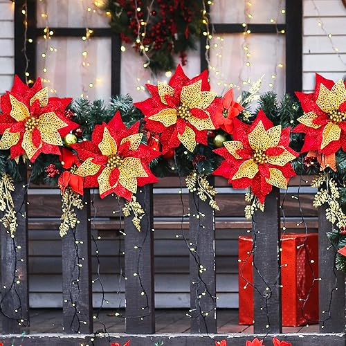 Miniatura 6 de Juego de 14 flores de Pascua artificiales de 8.7 pulgadas de ancho, 4 capas de purpurina metálica roja de Navidad, adornos de árbol de Navidad para