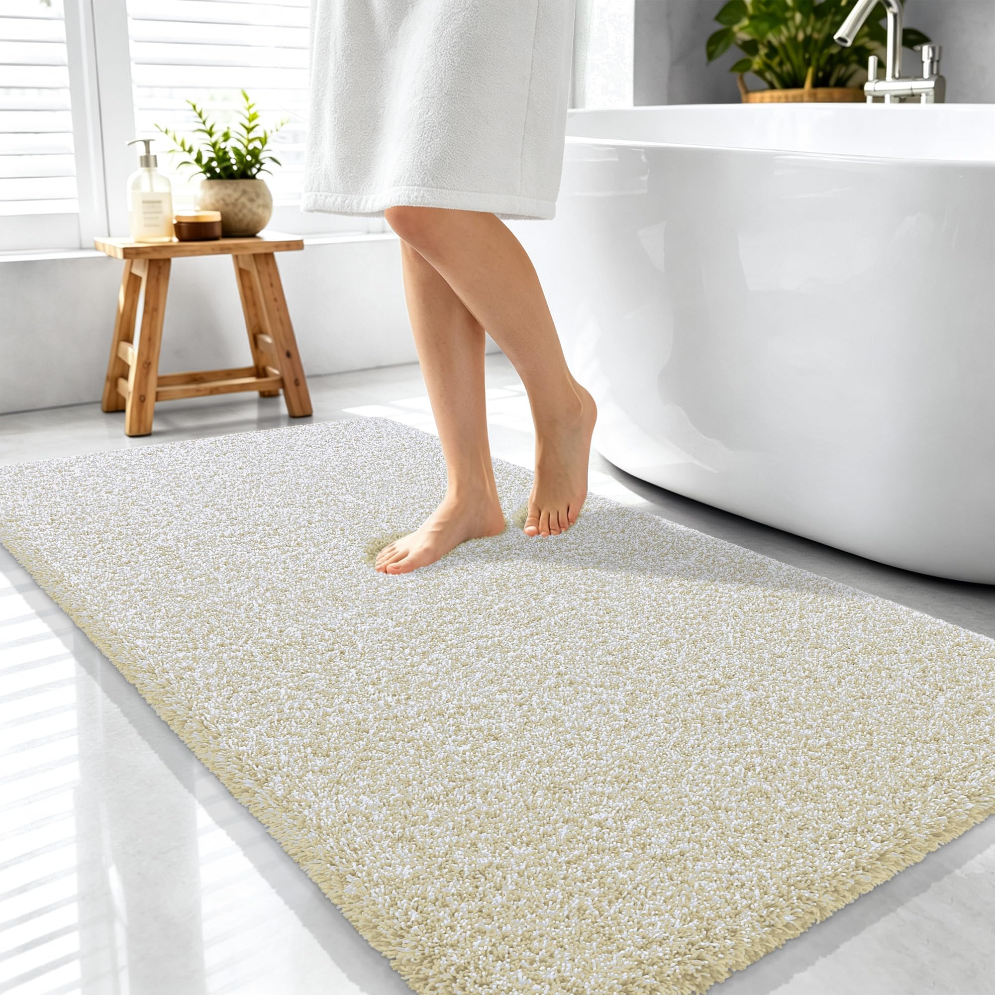 OLANLY Microfiber Bathroom Rugs 44x24, Quick Dry Bath Mat, Sand and White