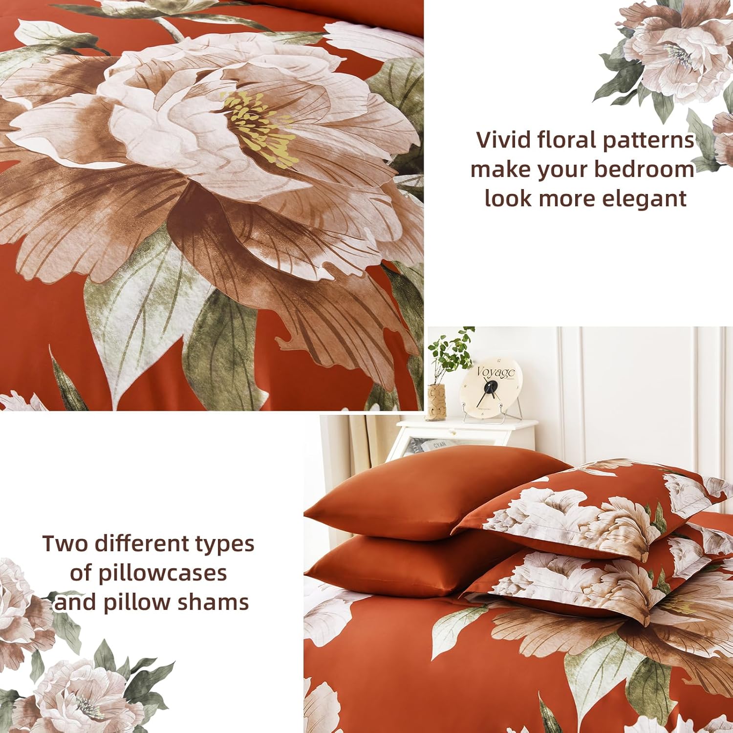 Dobuyly Burnt Orange Comforter Set King Size 7 Piece Bed in a Bag, Floral Printed on Terracotta Comforter Set with Sheets, Soft Microfiber Botanical Fall Bedding Set for All Season - Image 5