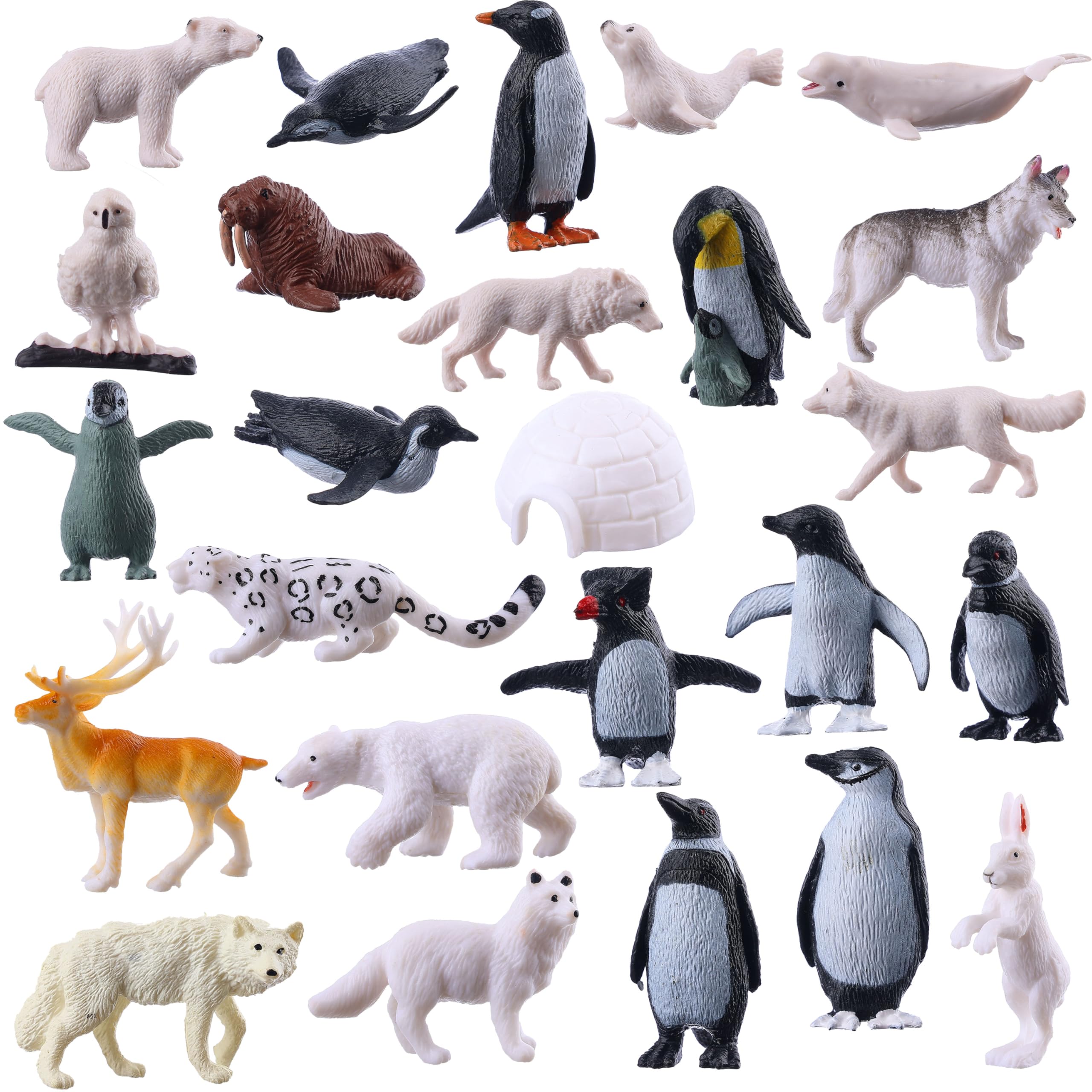 JOKFEICE Small Polar Animals Figurines, 25pcs Realistic Penguin Polar Bear Winter Animals for Early Educational Birthday Cupcake Topper Gift for Kids