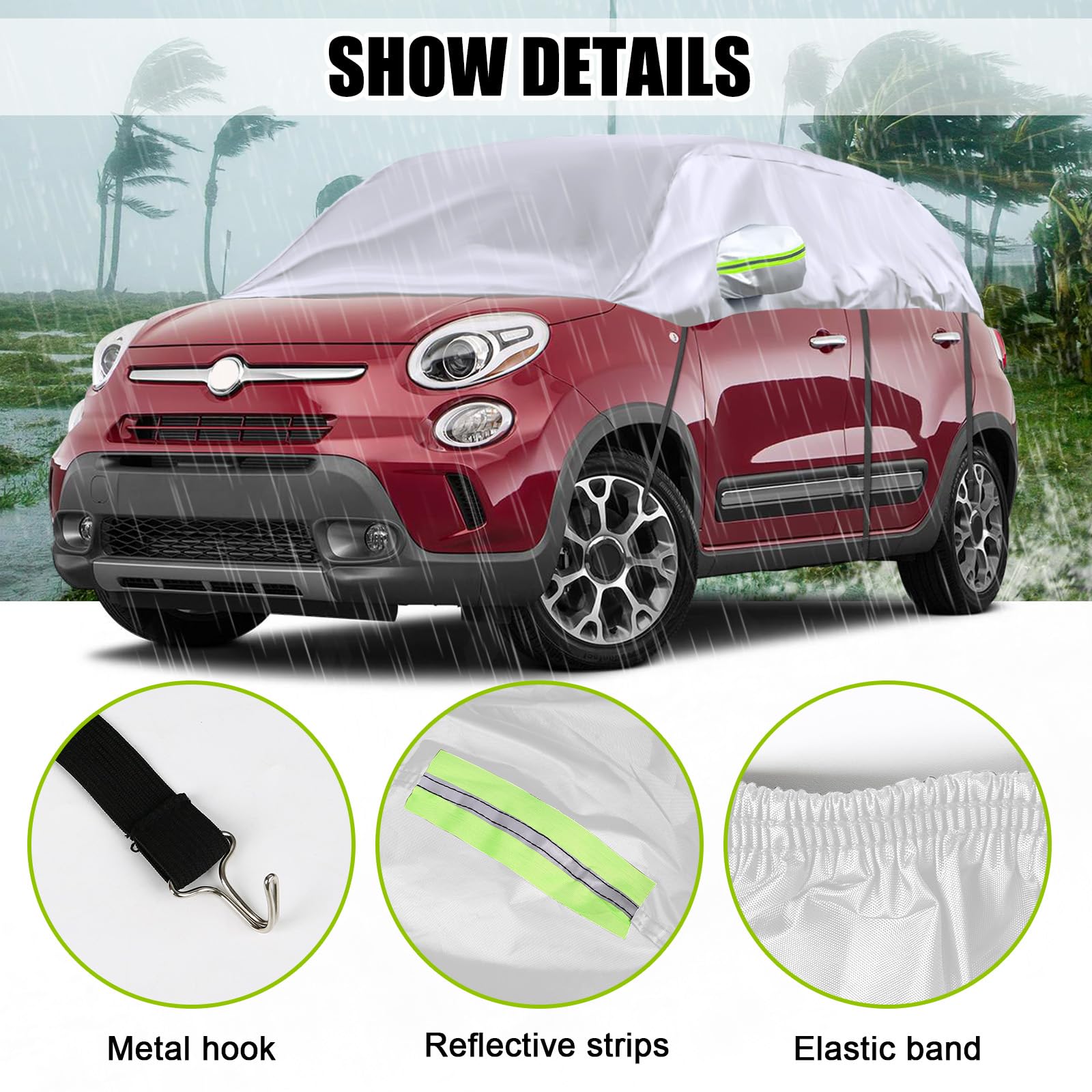 Housse Bache Voiture pour 2007-2023 Fiat 500 | Demi Bache Voiture Exterieur avec Crochets Ajustables et Bouchons d'oreilles