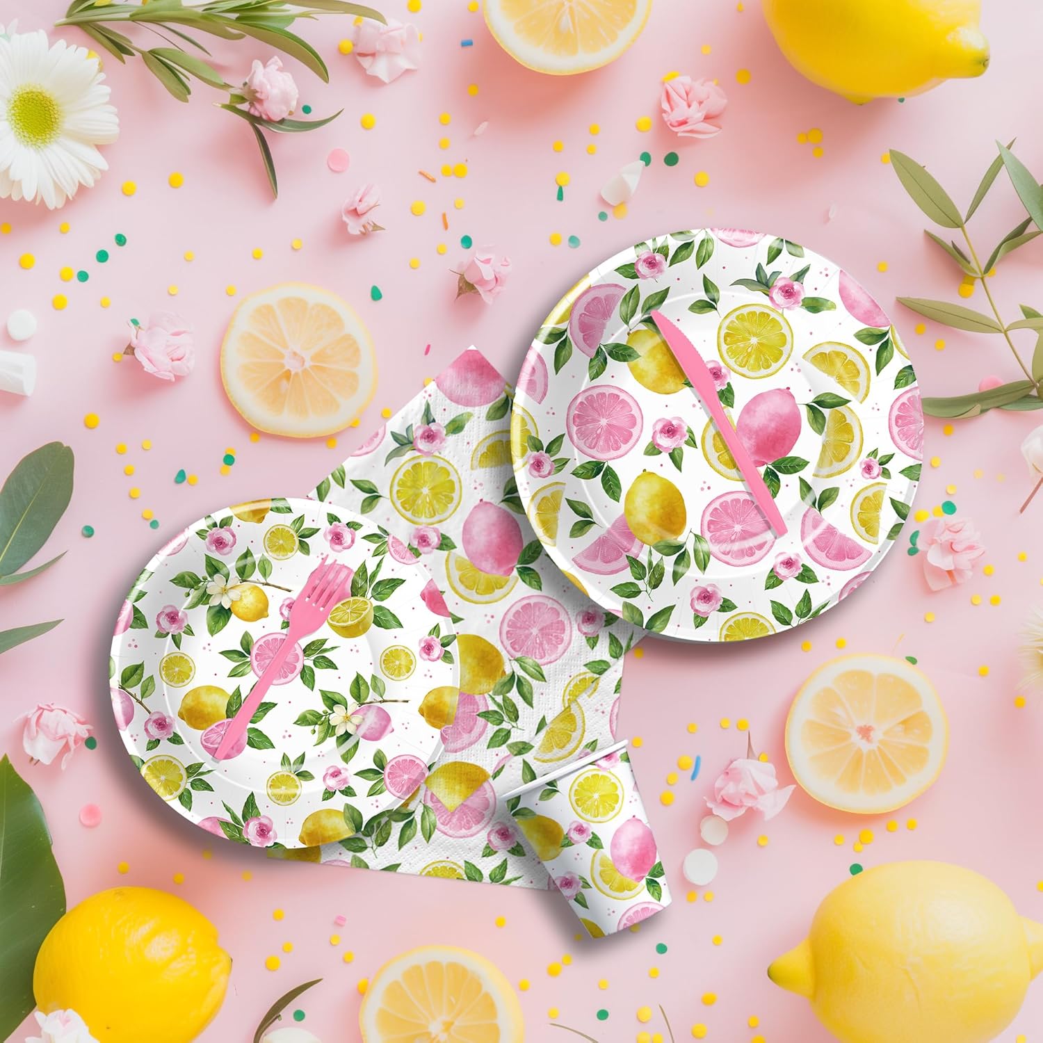 Lemon Party Decorations Tableware For Girls, Summer Pink Lemon Birthday Party Supplies, Disposable Paper Plate, Napkin, Cup, Cutlery, for Birthday Baby Shower Bridal Shower, 24 Guests image 4 of 7 B0D3CTQYJ9