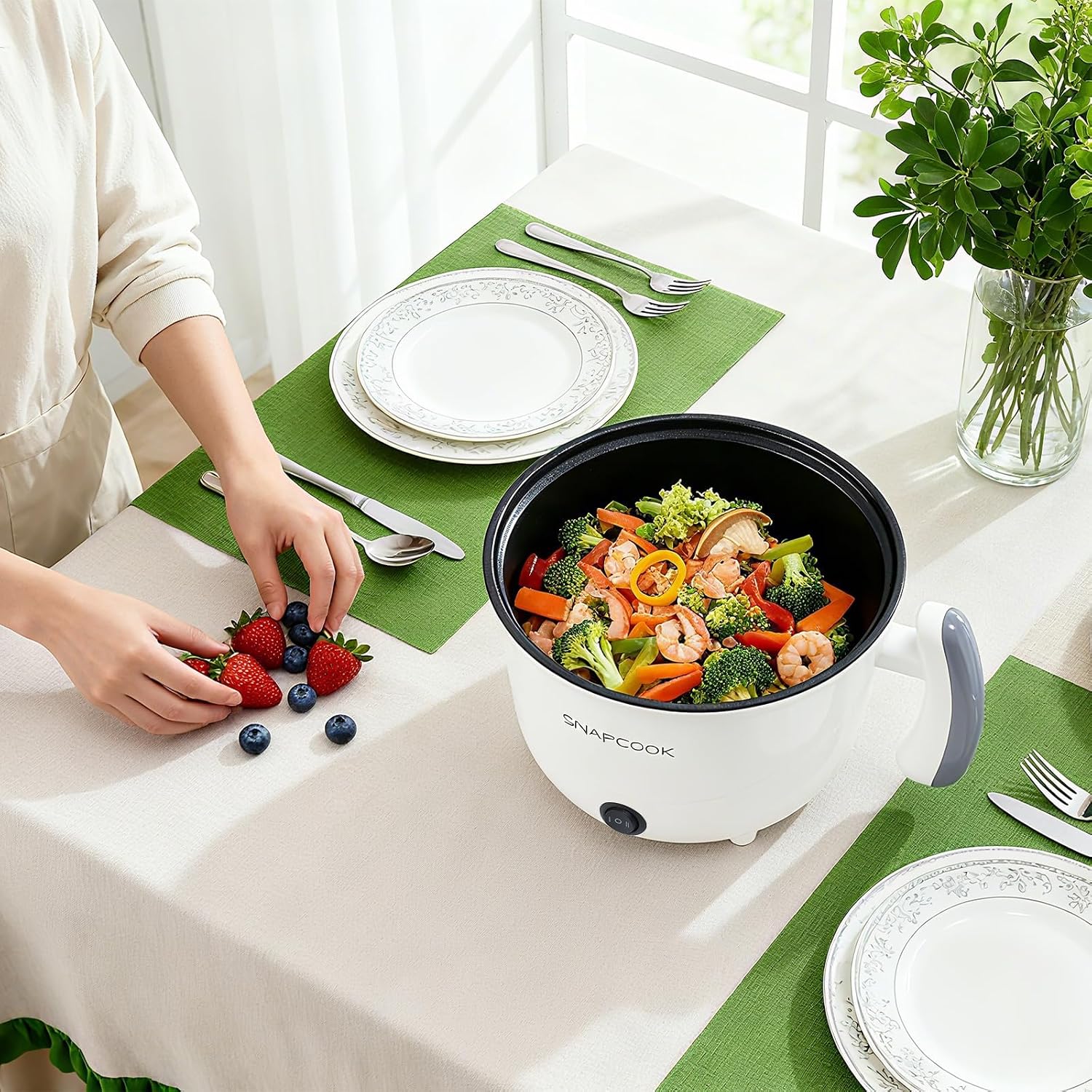 1.8L Electric Hot Pot with Steamer & Non-Stick Pan, Multi-Cooker for Ramen, Soup, Oatmeal, Eggs, Portable for Dorm Office Travel