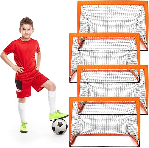 Juego de 4 porterías de fútbol plegables para patio trasero, red de fútbol portátil de 4 x 3 pies, marco de acero resistente a la intemperie,