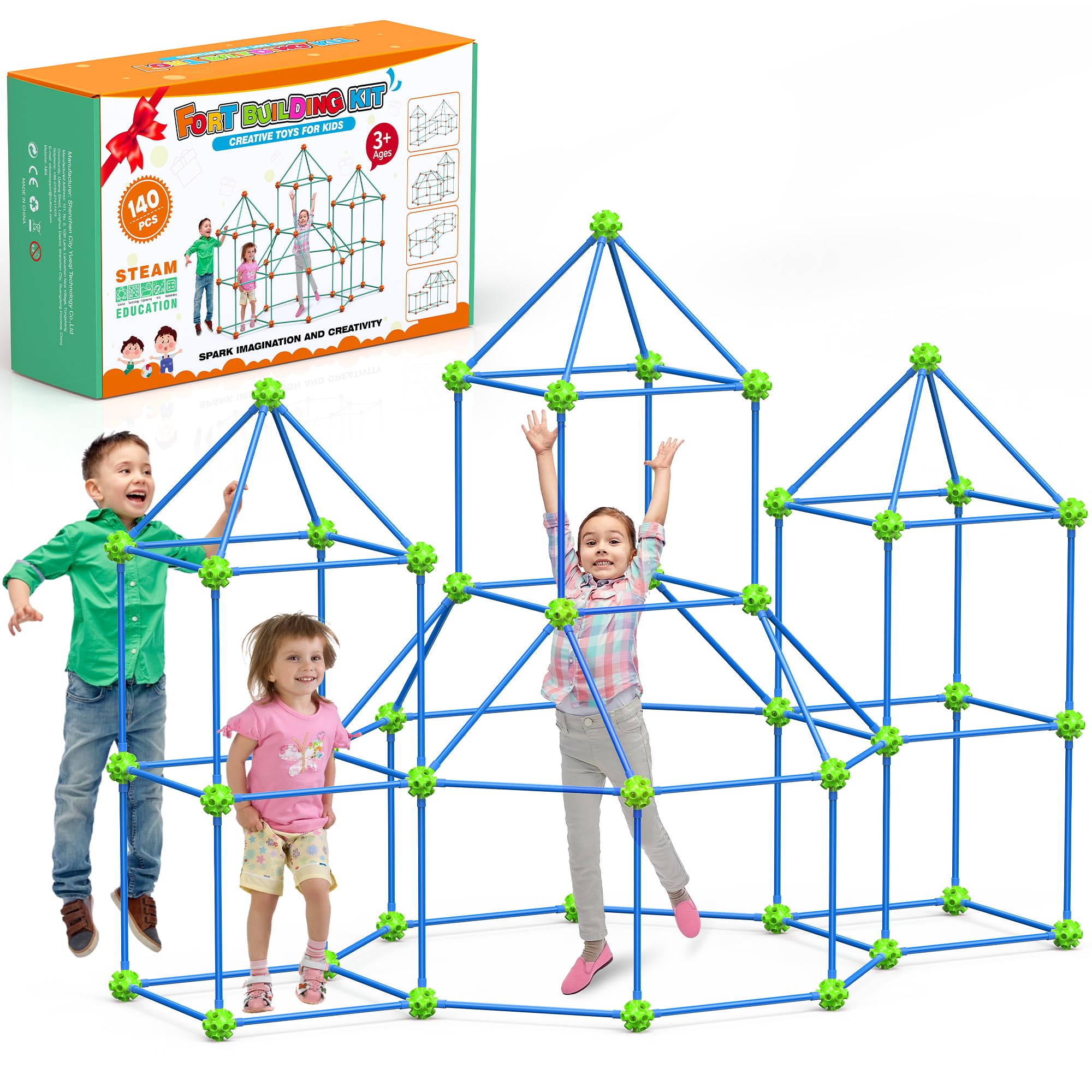 Kit de Construction de Fort pour Enfants, 140 PCS Jouet Fort créatif, Bricolage Construction Châteaux Tunnels Jouer Tente, STEM Maison Jouet Intérieur et Extérieur, pour Garçons Fille Âge 4+