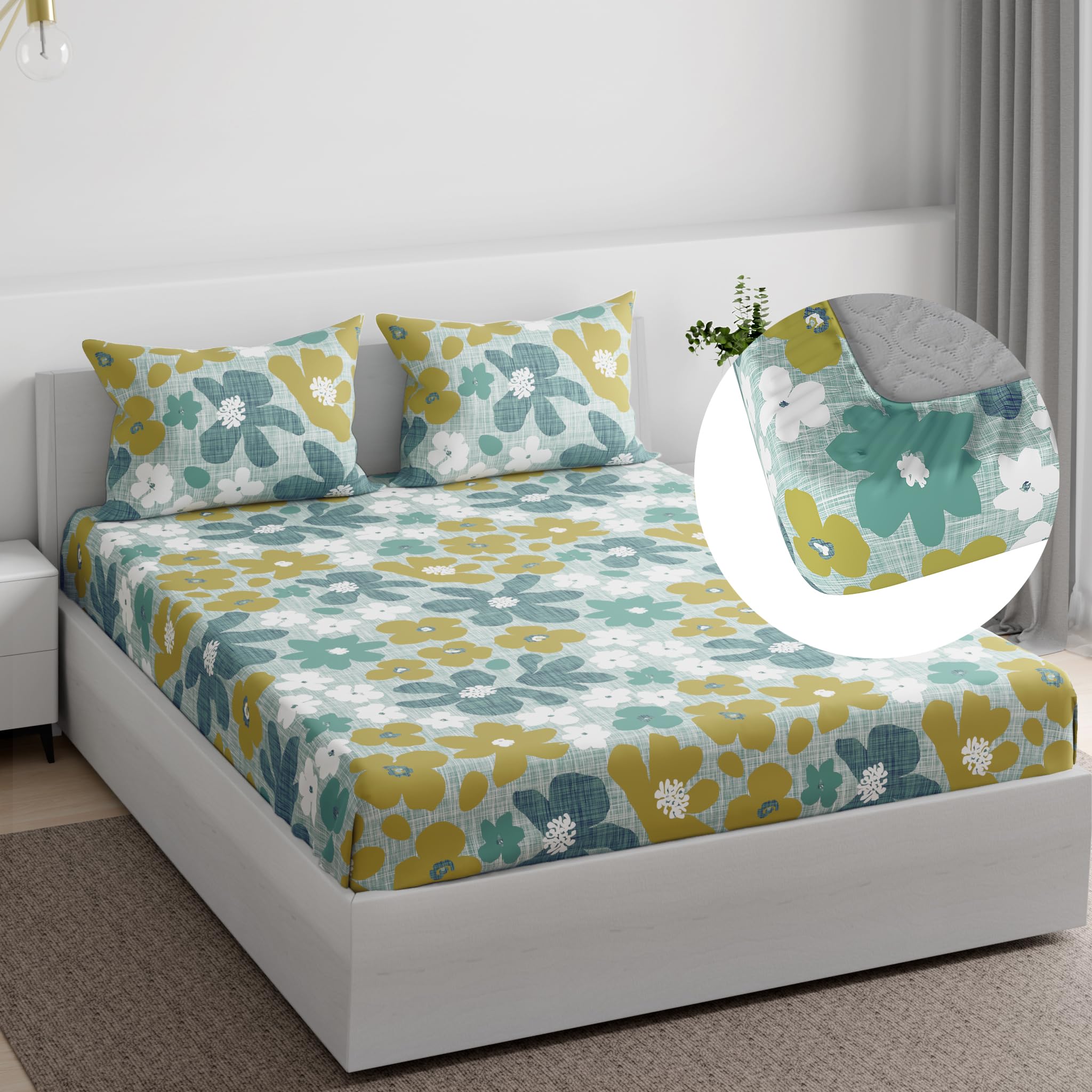 Wakefit Essentials 100% Cotton Super Soft Fitted Bedsheet with 2 Pillow Covers | Adabella Green King, 84" x 72", Adabella Green | 2.14m x 1.83m