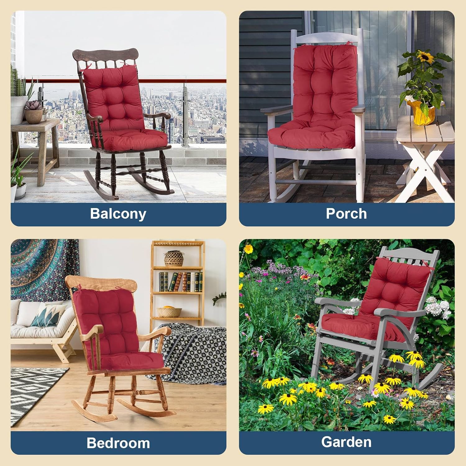 Rocking Chair Cushion Set, Patio Back and Seat Chair Cushions with Non-Slip Ties, Oxford Cloth Surface Comfortable Thick Seat Pad for Indoor Outdoor