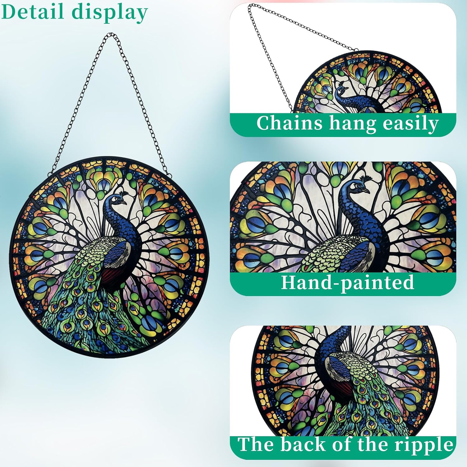 Peacock Decor Stained Glass Suncatcher - Window Wall Hanging Ornament Hand-Painted Glass Panel Sun Catcher - Decoration for Home Garden Christmas Party Wedding Housewarming Gift