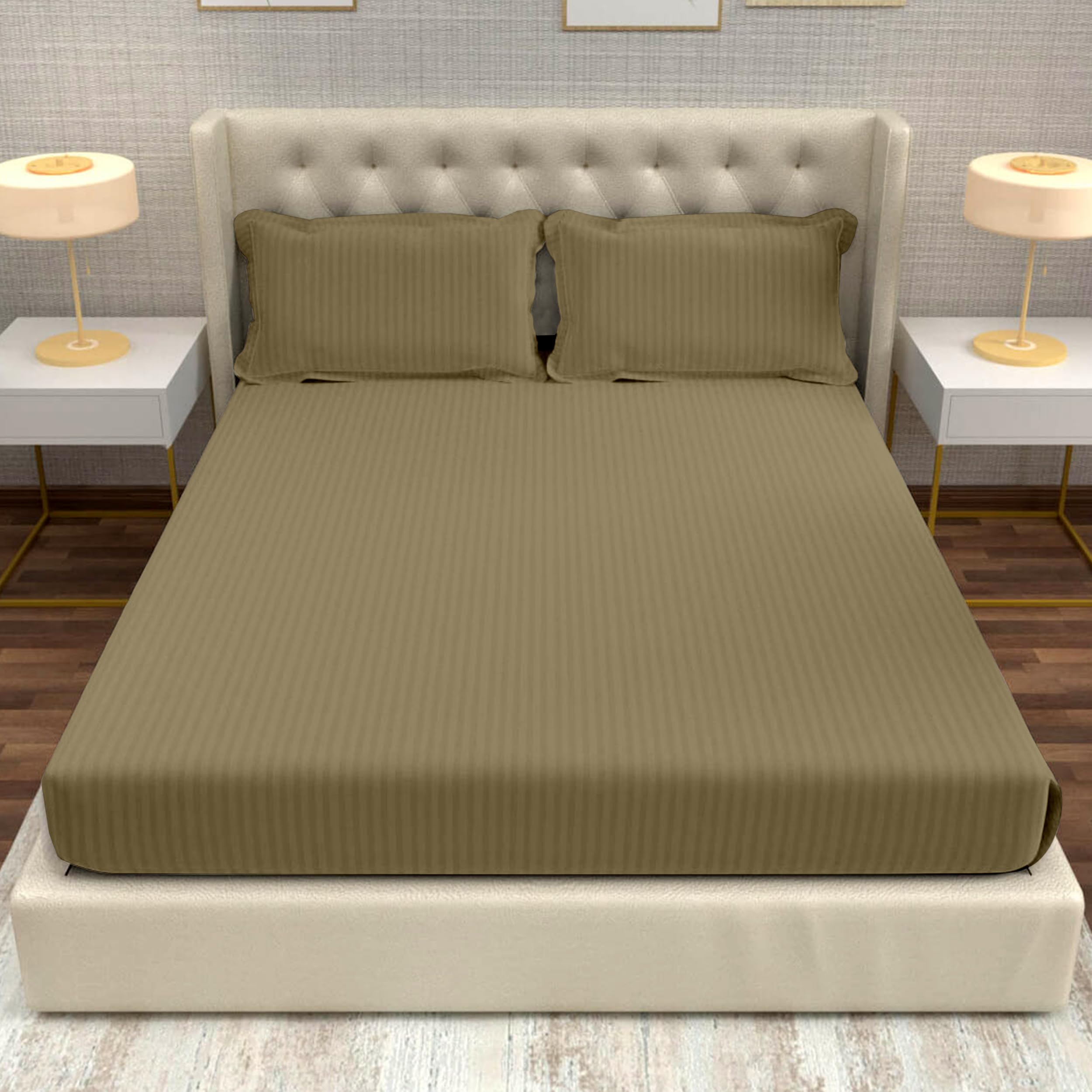 Divine Casa 100% Cotton King Size Bedsheet Italian Stripe 210 TC | Soft Breathable Wrinkle Resistant Bed Sheet with 2 Pillow Covers | Luxury Bedding for Bedroom | 275 x 275 cm (Taupe, Striped)