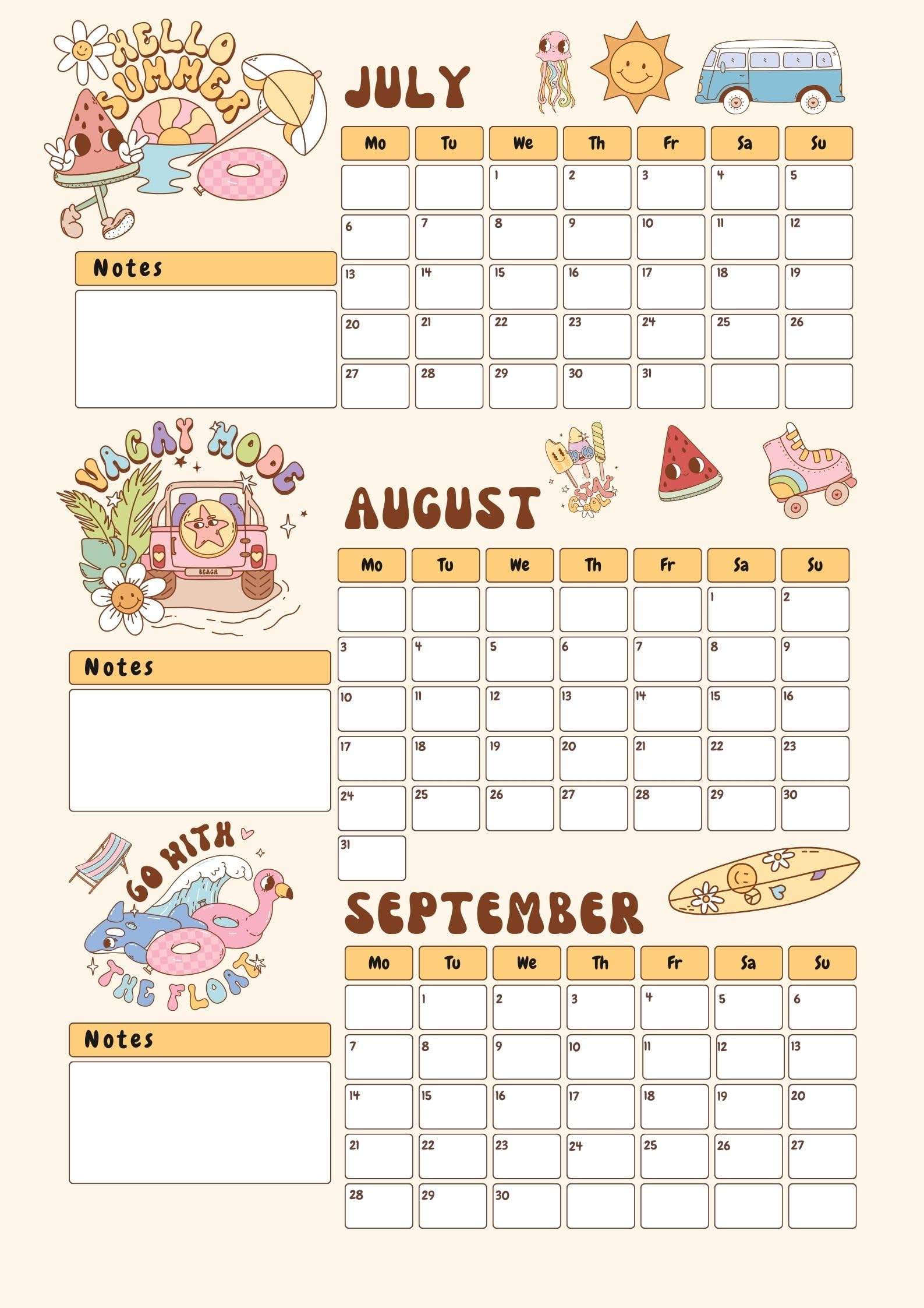 Retro A2 Family Planner 2026 Foamboard, Retro Summer Wall Calendar July Start, Large Family Organiser Board with Notes Sections