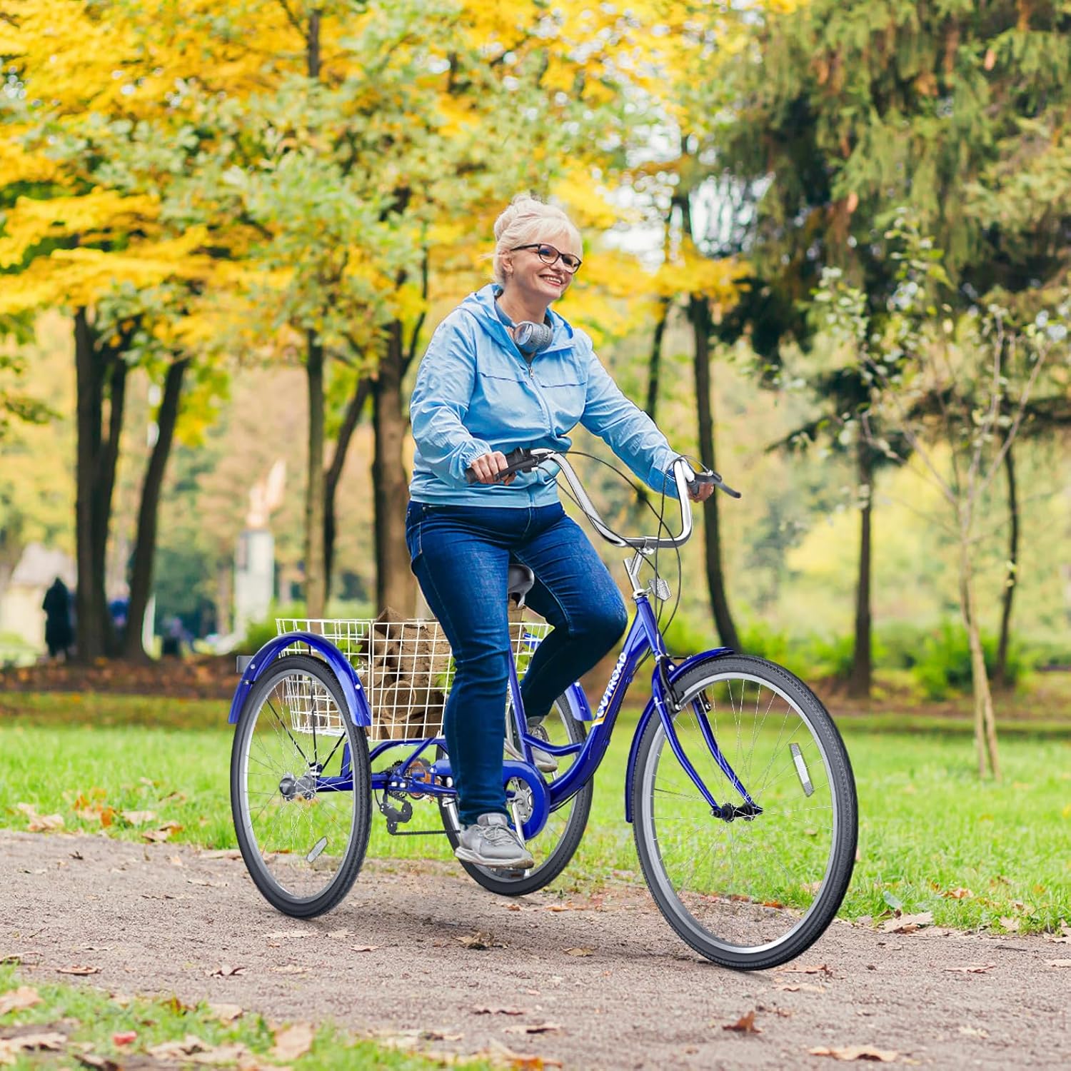 7 Speed Adult Tricycle, 24 inch Cruiser Trike with Large Basket for Women Men Seniors, 3 Wheel Bike for Outdoor, Shopping, Recreation, Picnic (Blue)