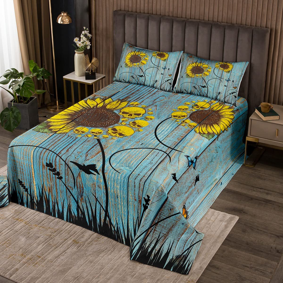 richhome - Set di biancheria da letto per letto super king con fiori di girasole, set di biancheria da letto per bambini, motivo floreale, arcobaleno, per bambine, copriletto, decorazione della