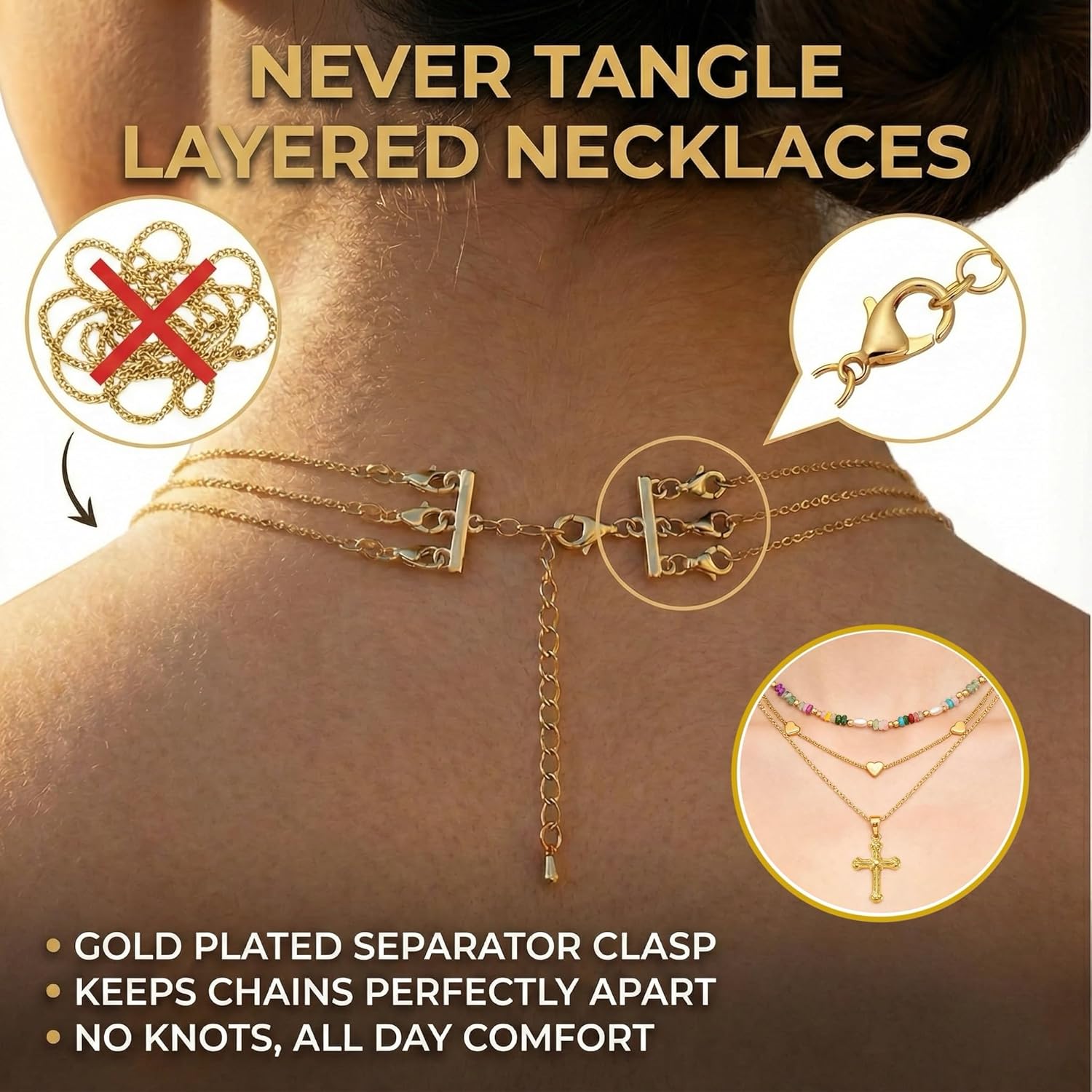 Colorful Beaded Necklace Set w/Detangler Clasp, Beaded Choker w/Gold Dainty Cross Pendant, Heart Chain Choker, Classic 14K Gold Plated Layered Necklaces, Boho Necklace Stack for Women Gift 3pcs - Image 3