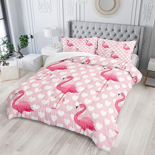 Miniatura 2 de XYNHML Juego de edredón de flamenco, tamaño matrimonial, diseño de corazón de flamenco, rosa tropical, juego de ropa de cama acolchado Kawaii para