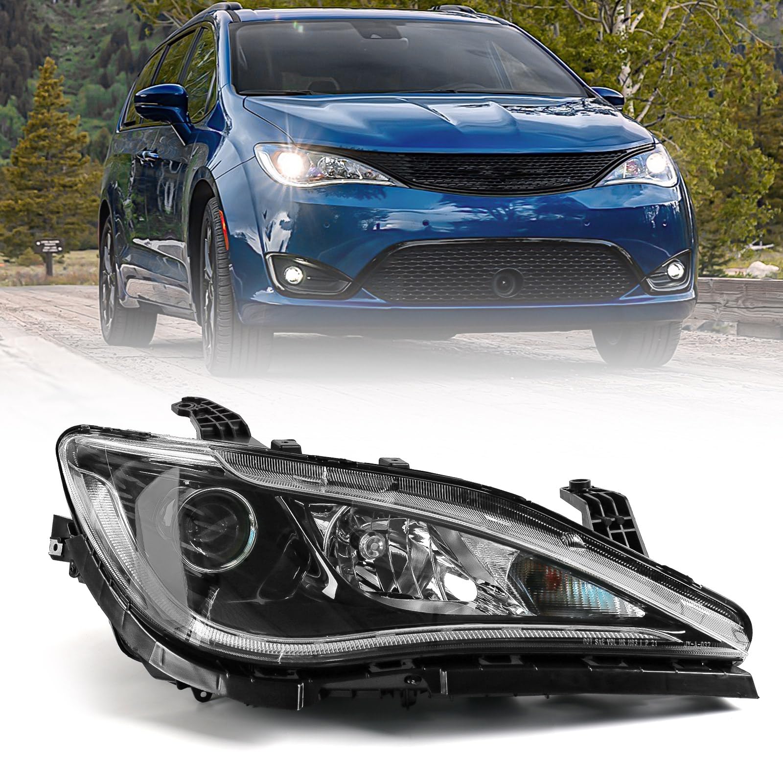 huray right halogen headlight assembly fit for chrysler pacifica 2018 2019 2020, rh projector headlamp oe style replacement for ch2519153 68228946ah passenger side