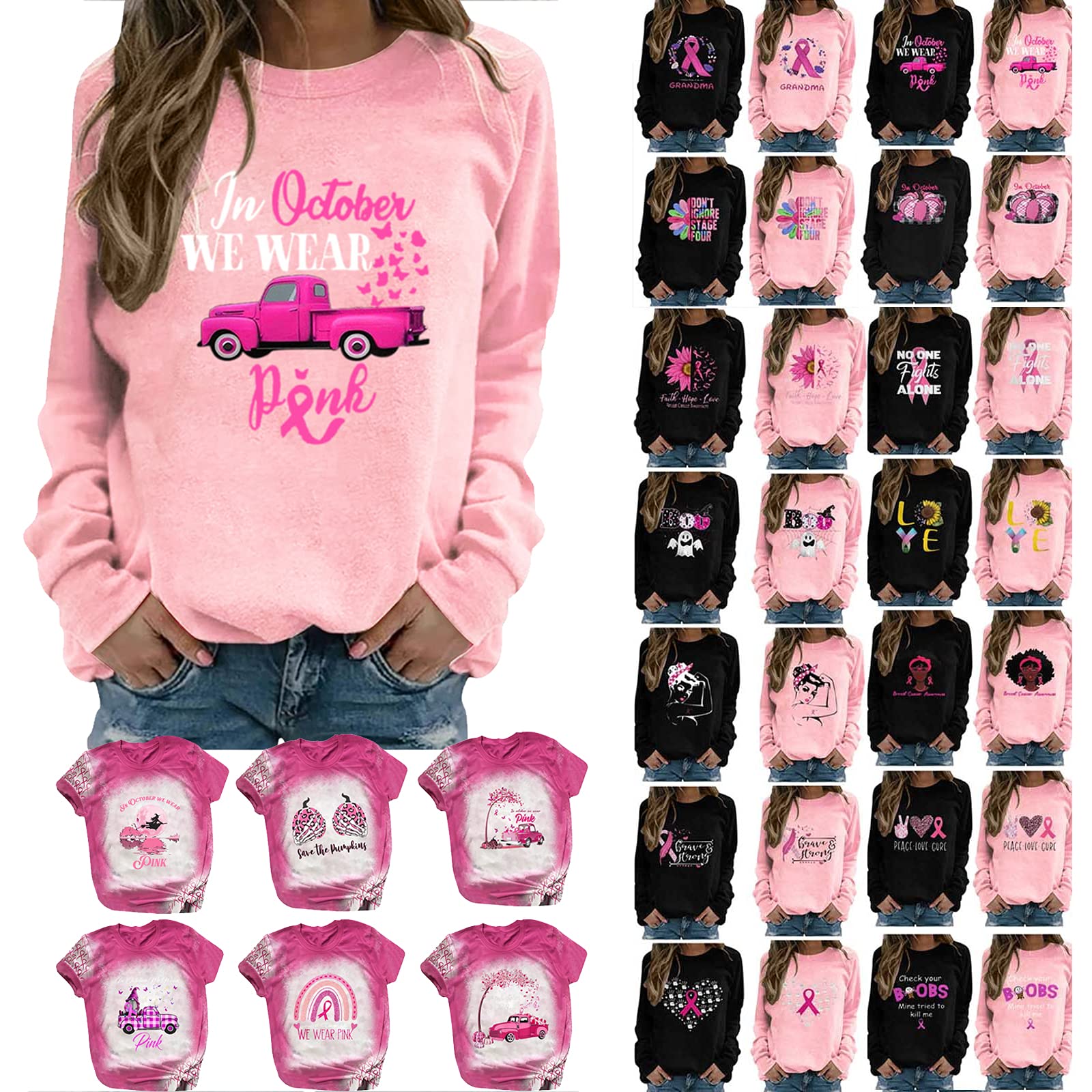 Pink Ribbon Breast Cancer Awareness Long Sleeve Breast Cancer Awareness Shirts for women Wear month T-Shirt In october