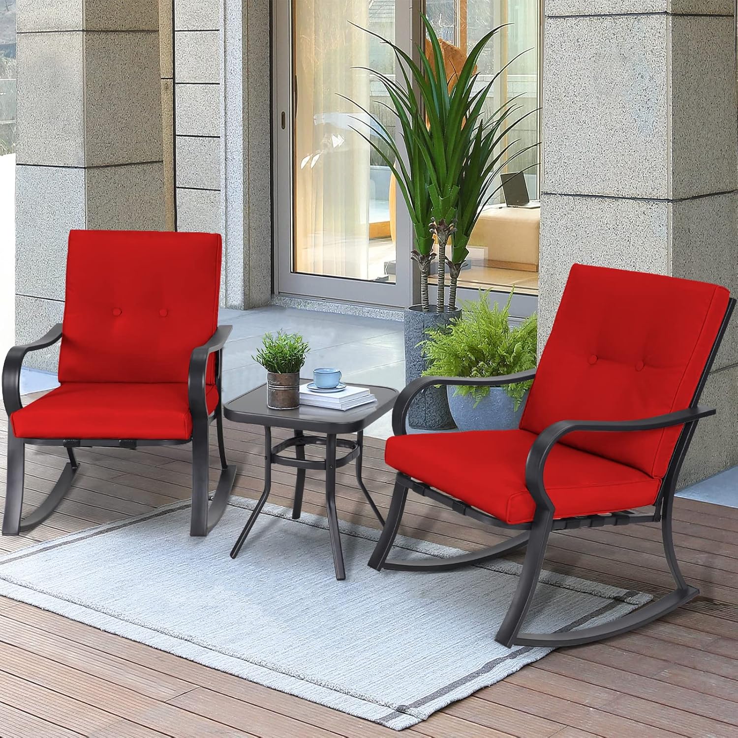 Outdoor 3-Piece Rocking Chairs, Patio Bistro Furniture Set, 2 Black Steel Rocking Chairs with Cushion and Glass Top Coffee Table (Red)