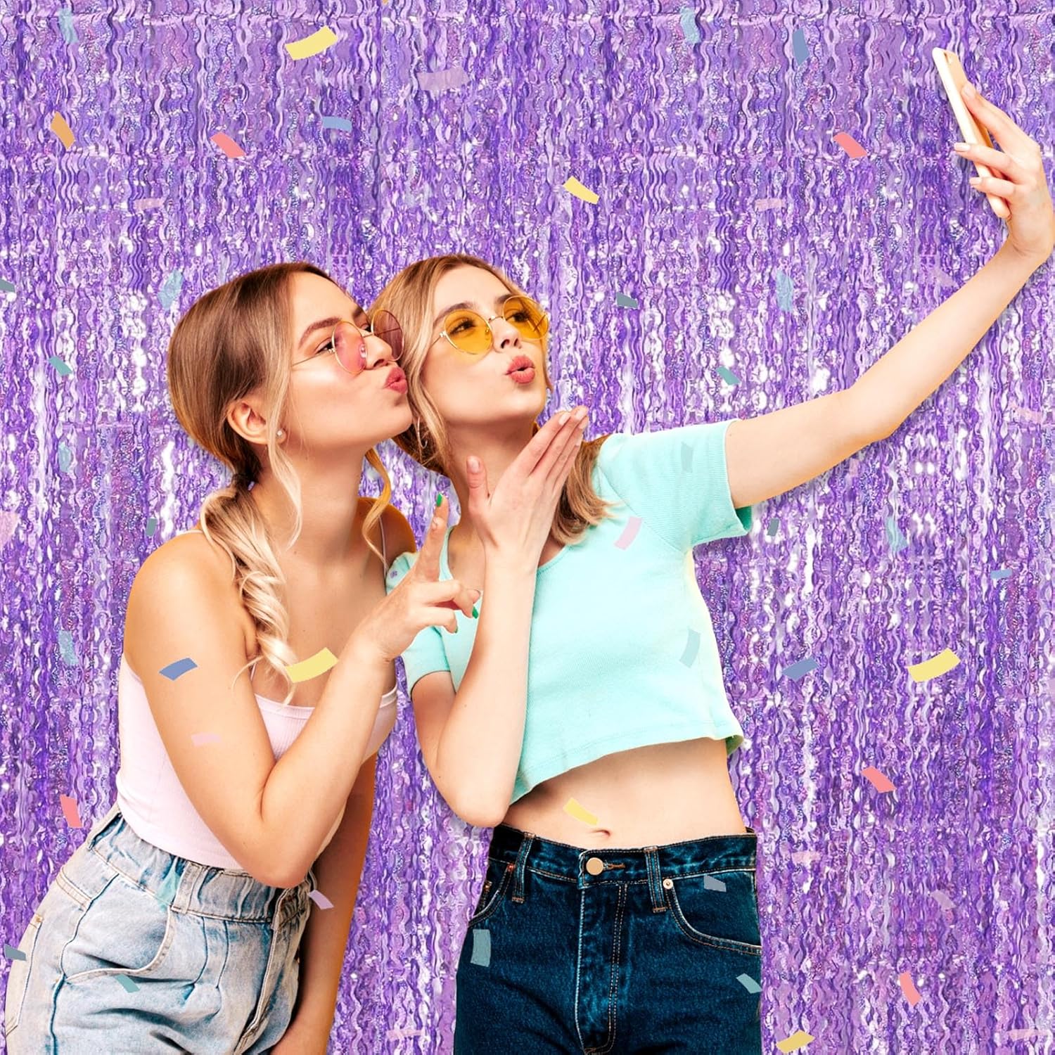 4 Pack Light Purple wave Foil Fringe Curtain Backdrop, 3.28Ft x 8.2Ft Metallic Tinsel Foil Fringe Streamer Curtains for Photo Booth, Mother's Day, Easter, graduate, Wedding, Birthday Party Decoration