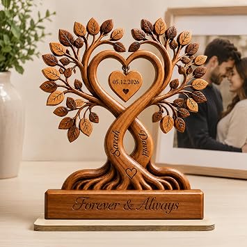 NAZENTI Personalized Couple Heart Tree Wooden Plaque, Custom Wooden Tree Plaque for Couples, Customized Couple Gifts for Him and Her, Wife Husband Birthday Gift, Anniversary Table Decorations