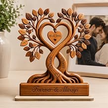 NAZENTI Personalized Couple Heart Tree Wooden Plaque, Custom Wooden Tree Plaque for Couples, Customized Couple Gifts for Him and Her, Wife Husband Birthday Gift, Anniversary Table Decorations